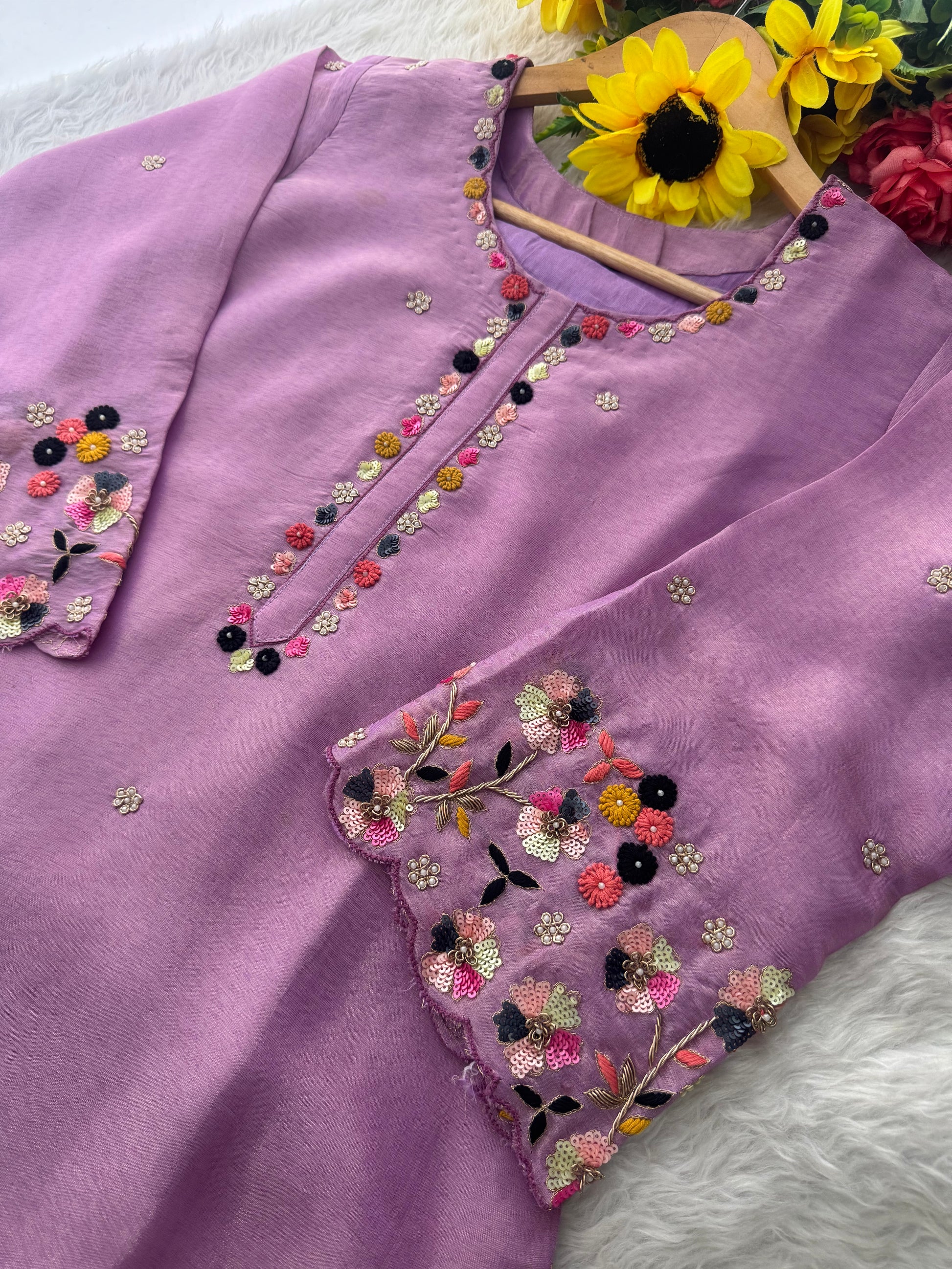 Purple Hand-Embroidered Ethnic Kurta Set for Women with Pants & Dupatta - Prisachi Official