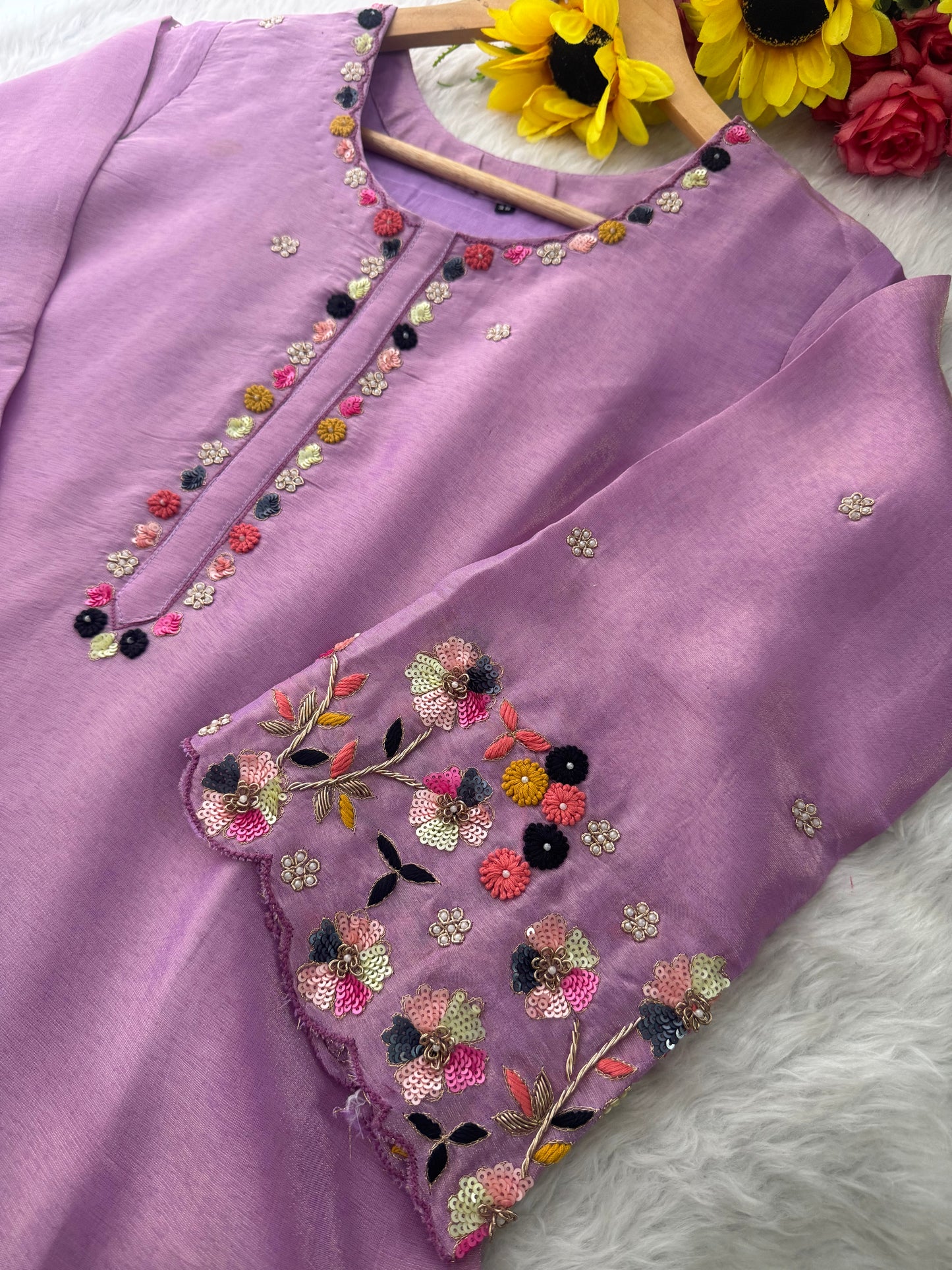 Purple Hand-Embroidered Ethnic Kurta Set for Women with Pants & Dupatta - Prisachi Official