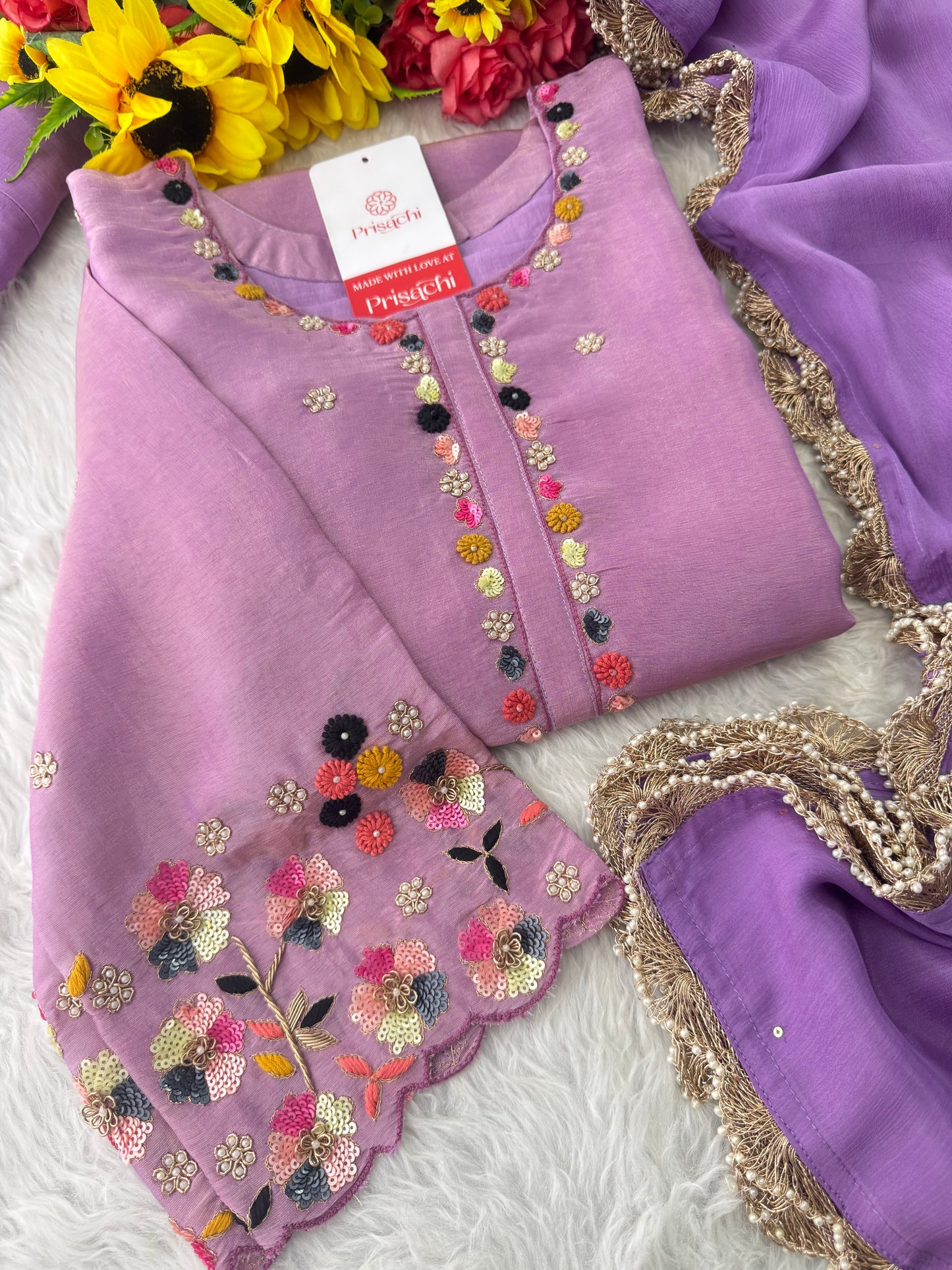 Purple Hand-Embroidered Ethnic Kurta Set for Women with Pants & Dupatta - Prisachi Official