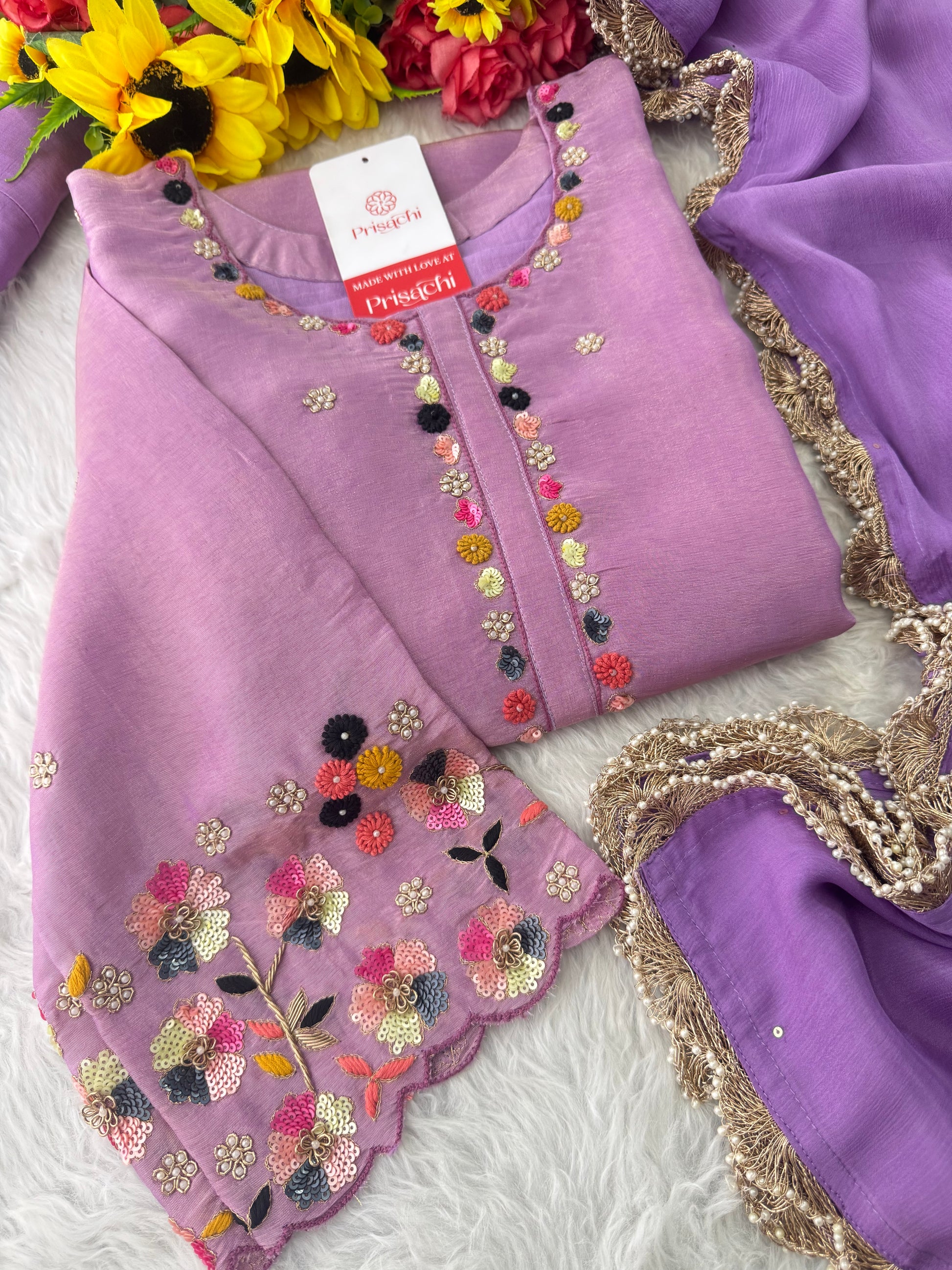 Purple Hand-Embroidered Ethnic Kurta Set for Women with Pants & Dupatta - Prisachi Official