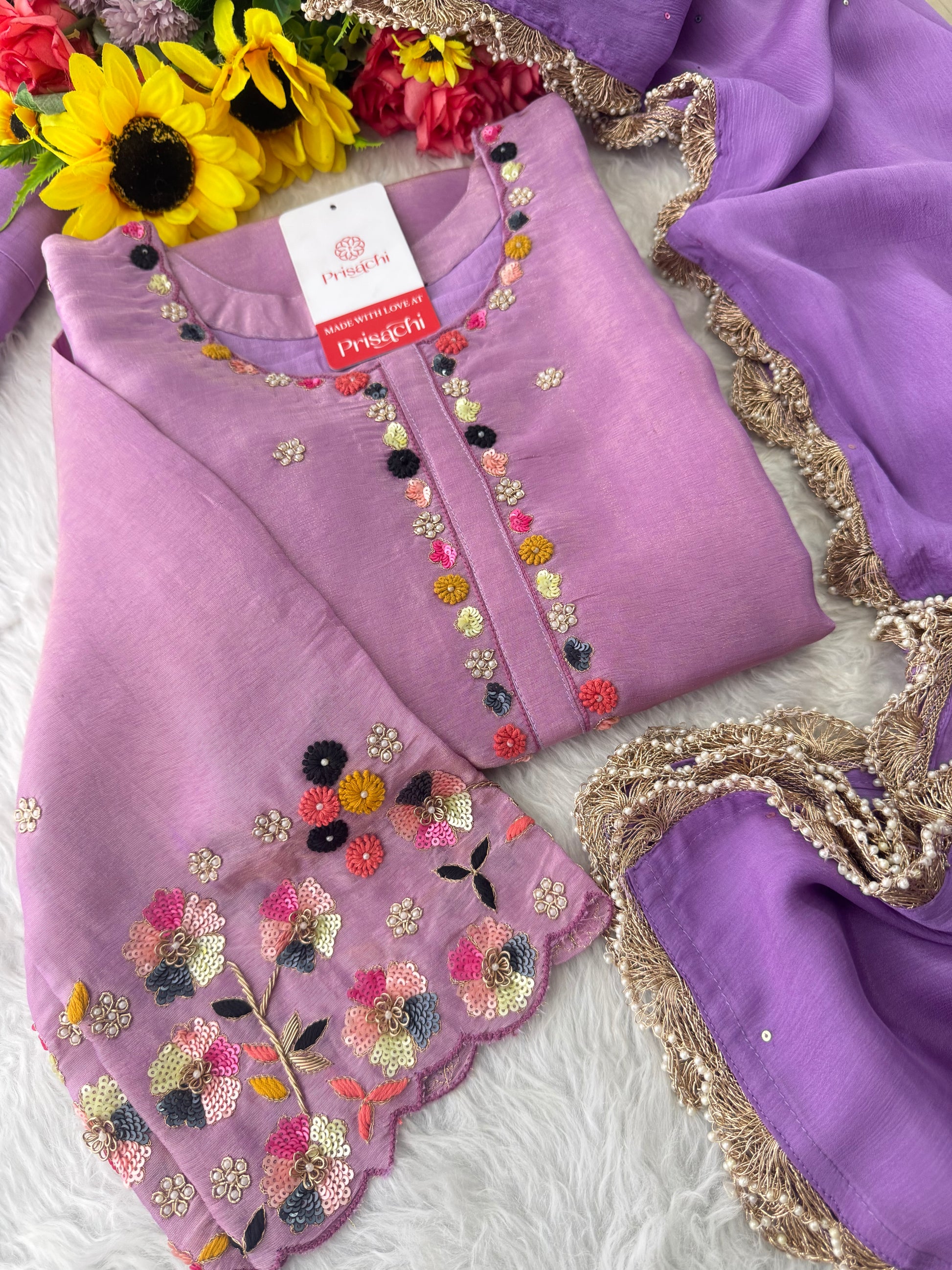 Purple Hand-Embroidered Ethnic Kurta Set for Women with Pants & Dupatta - Prisachi Official