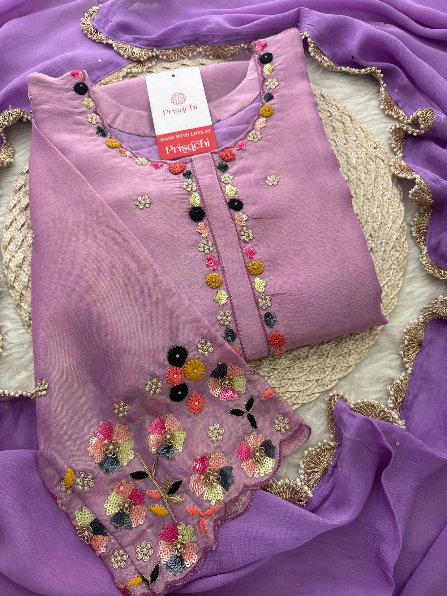 Purple Hand-Embroidered Ethnic Kurta Set for Women with Pants & Dupatta - Prisachi Official