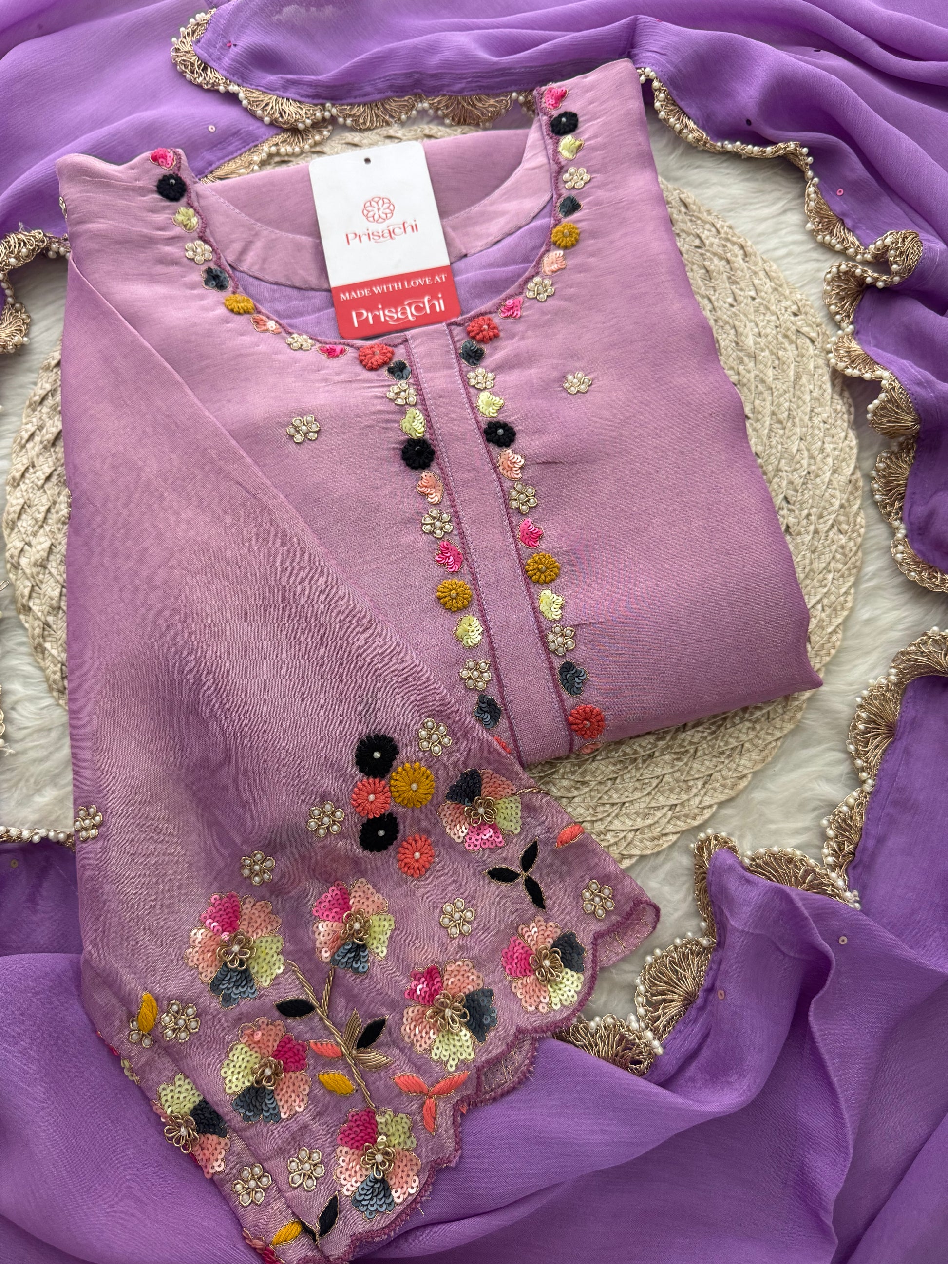 Purple Hand-Embroidered Ethnic Kurta Set for Women with Pants & Dupatta - Prisachi Official