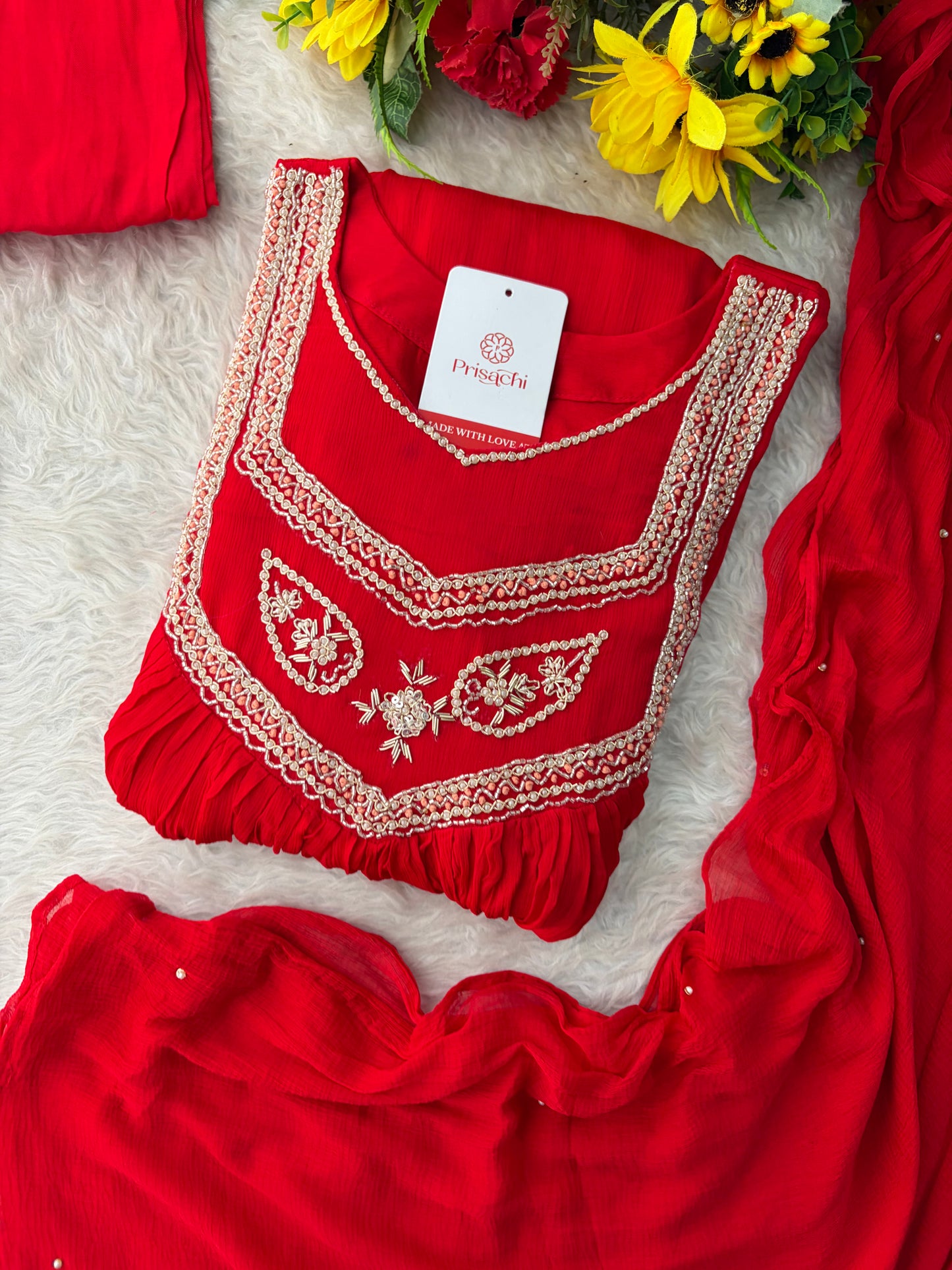 Red Zardozi Embroidered Ethnic A-Line kurta set with dupatta and Pants | Traditional Festive Suit