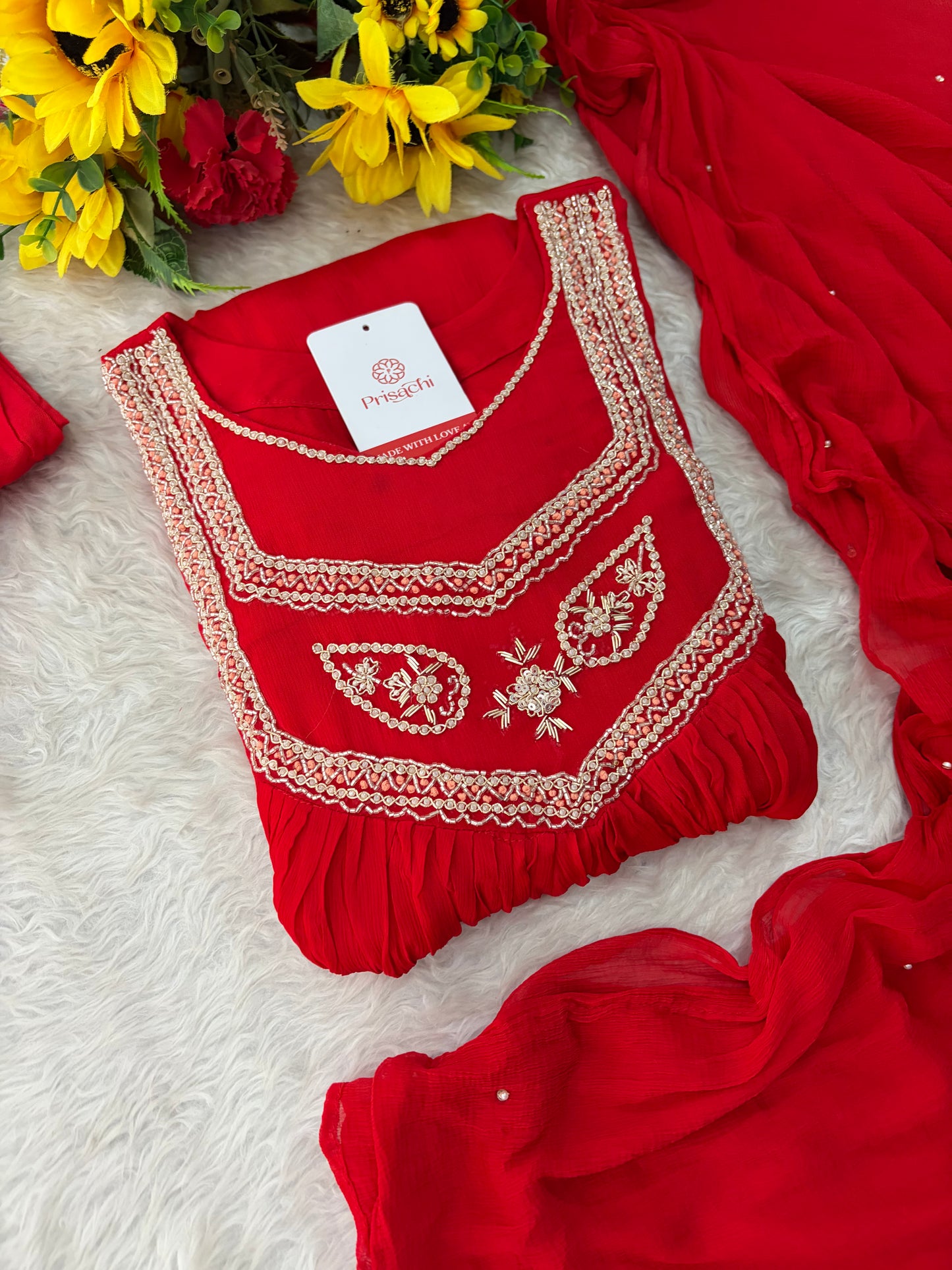Red Zardozi Embroidered Ethnic A-Line kurta set with dupatta and Pants | Traditional Festive Suit