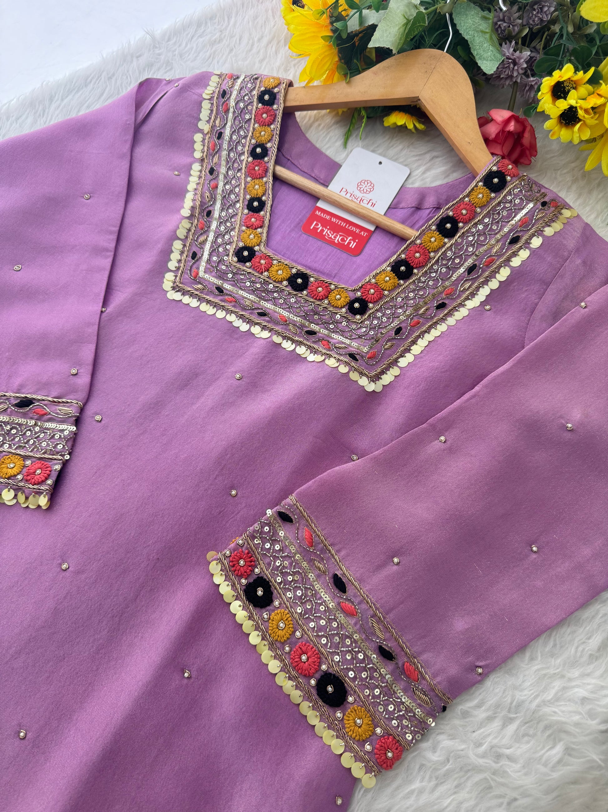 Purple Embroidered Ethnic Kurta Set for Women with Pants & Dupatta - Prisachi Official