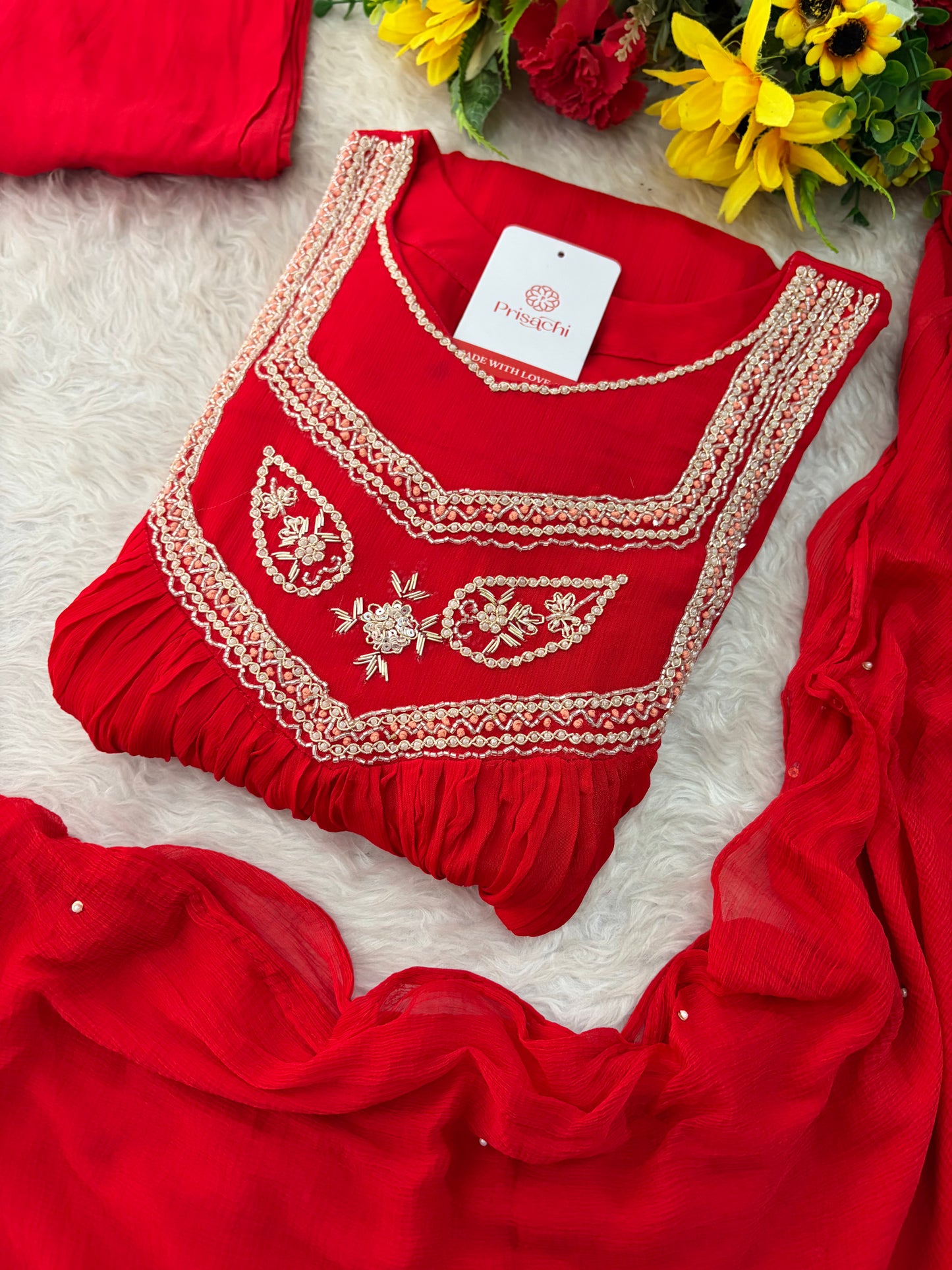 Red Zardozi Embroidered Ethnic A-Line kurta set with dupatta and Pants | Traditional Festive Suit