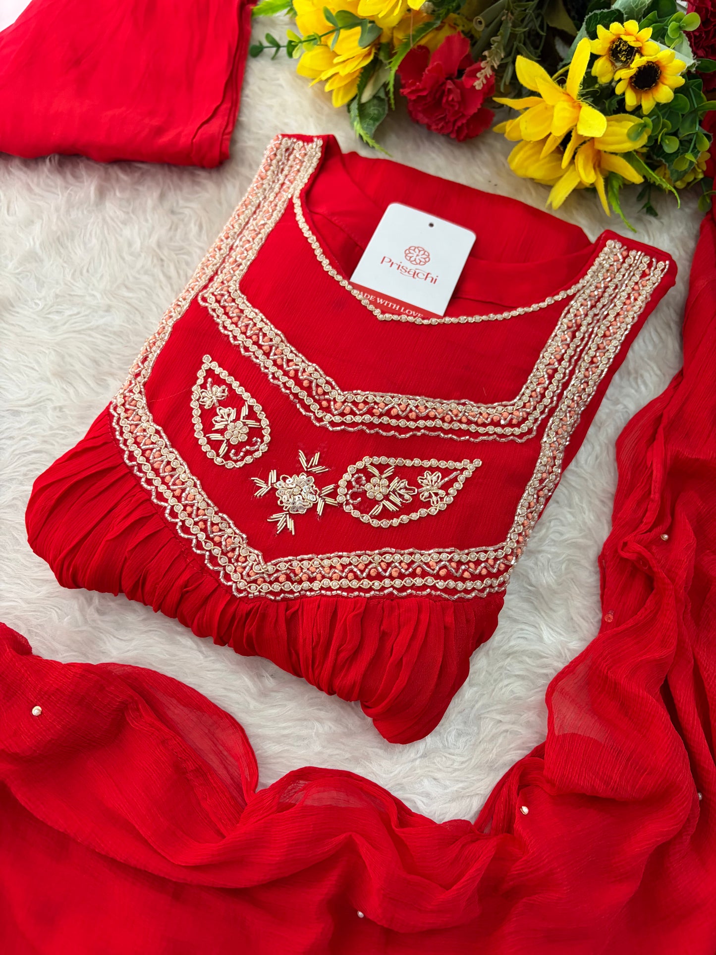 Red Zardozi Embroidered Ethnic A-Line kurta set with dupatta and Pants | Traditional Festive Suit