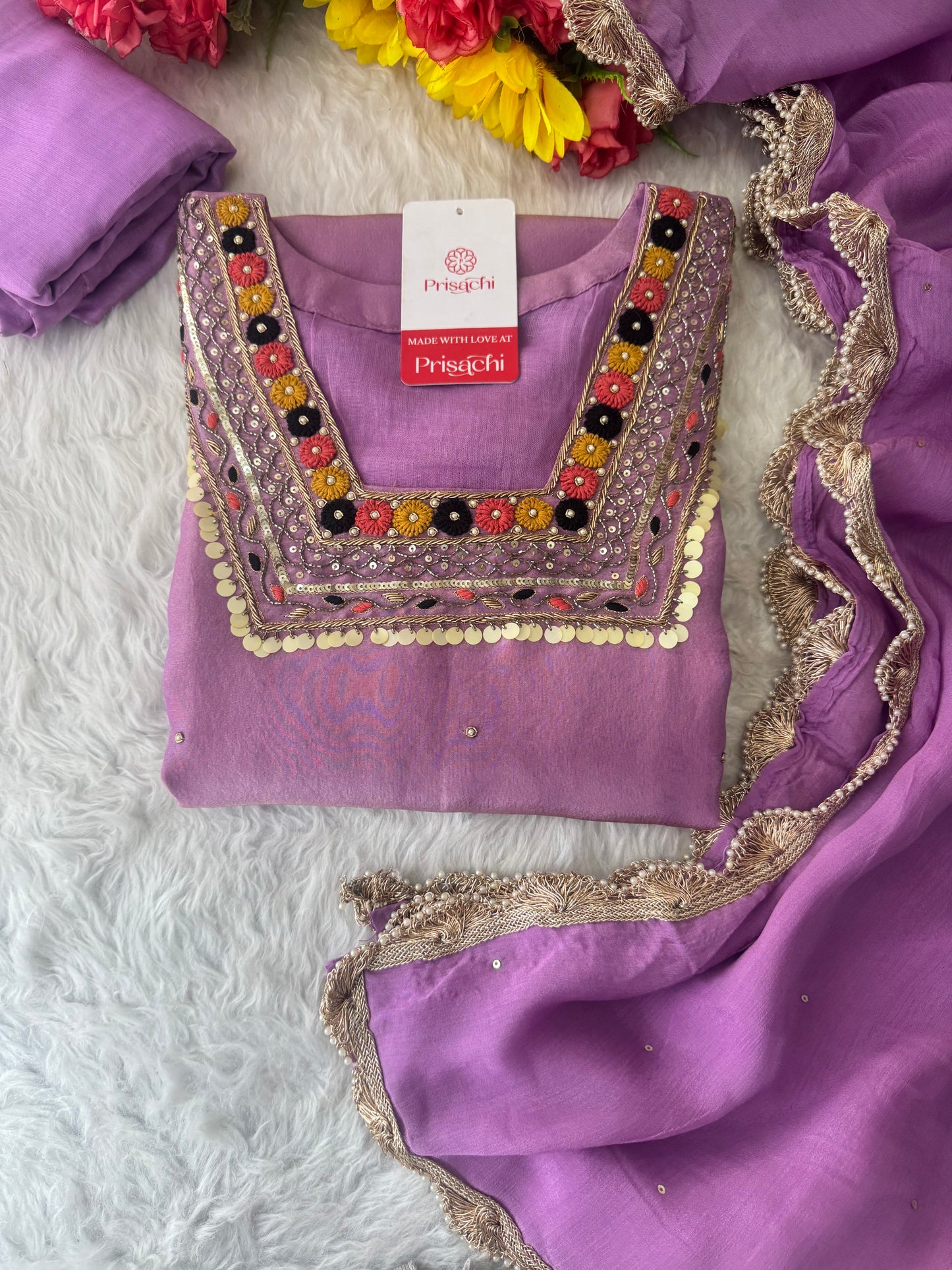 Purple Embroidered Ethnic Kurta Set for Women with Pants & Dupatta - Prisachi Official