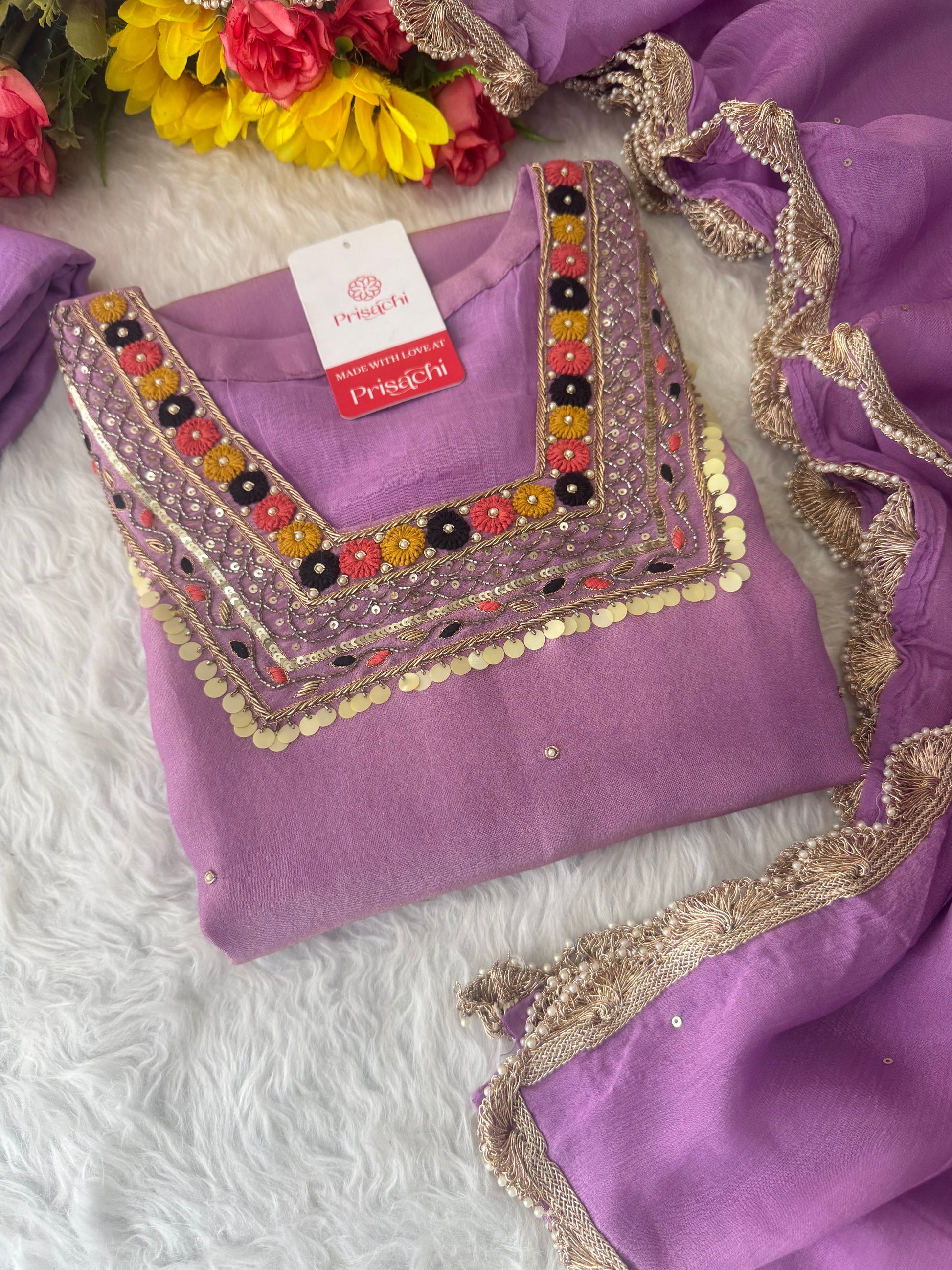 Purple Embroidered Ethnic Kurta Set for Women with Pants & Dupatta - Prisachi Official