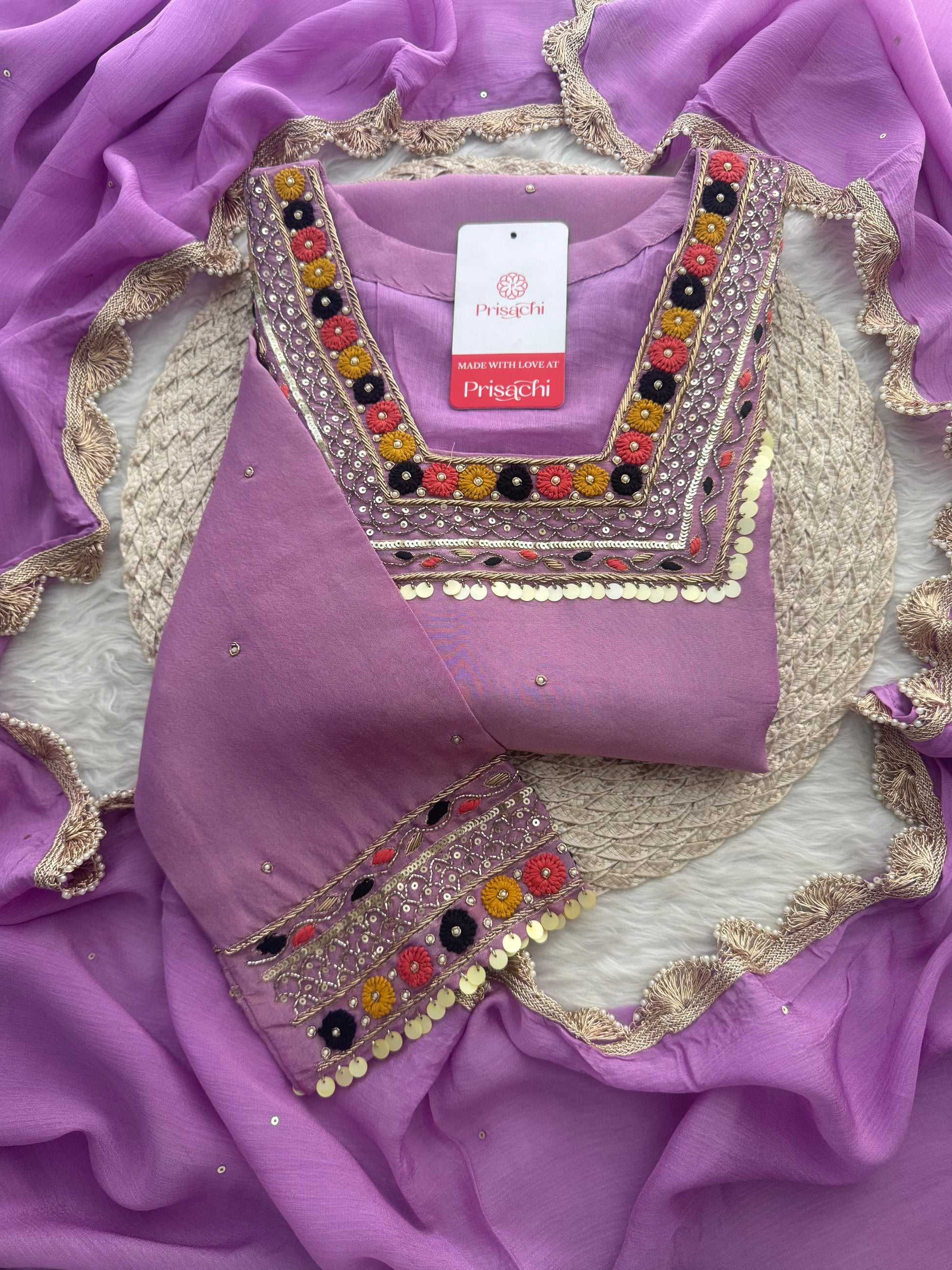 Purple Embroidered Ethnic Kurta Set for Women with Pants & Dupatta - Prisachi Official