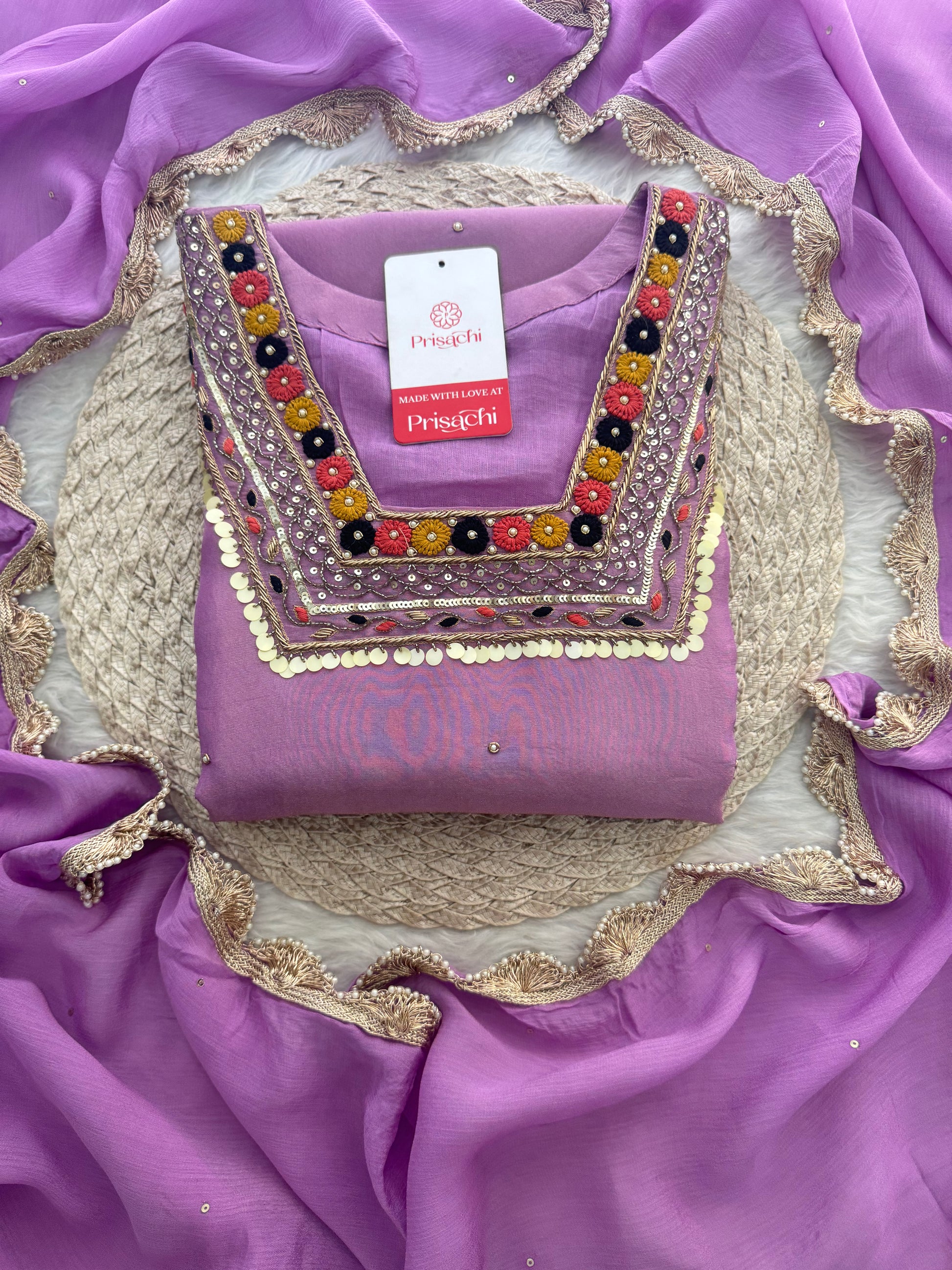 Purple Embroidered Ethnic Kurta Set for Women with Pants & Dupatta - Prisachi Official