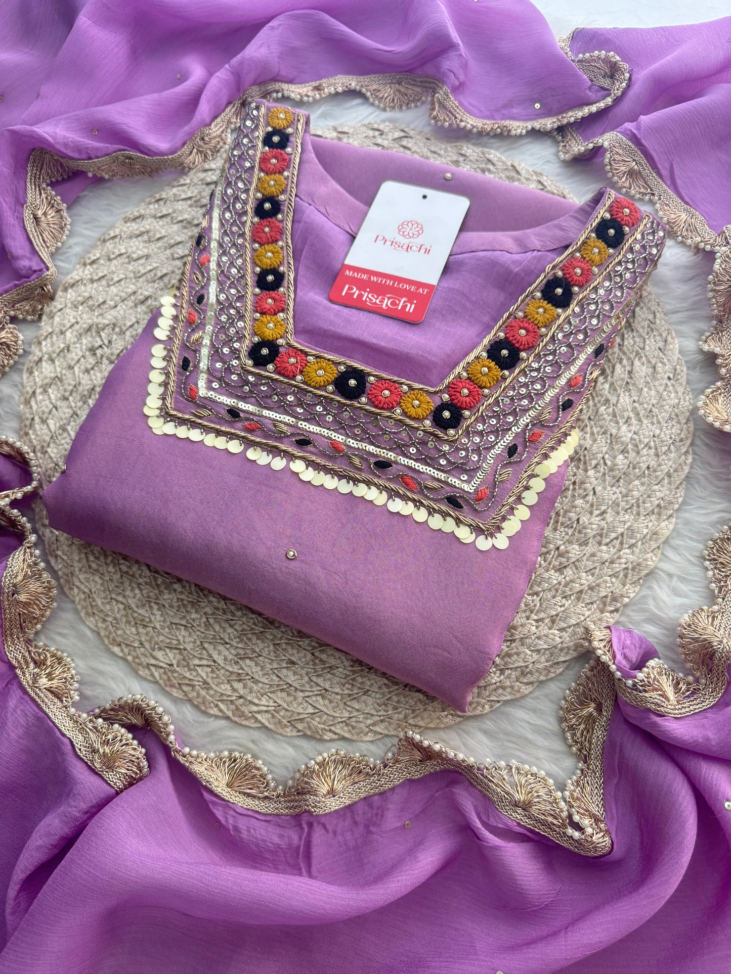 Purple Embroidered Ethnic Kurta Set for Women with Pants & Dupatta - Prisachi Official