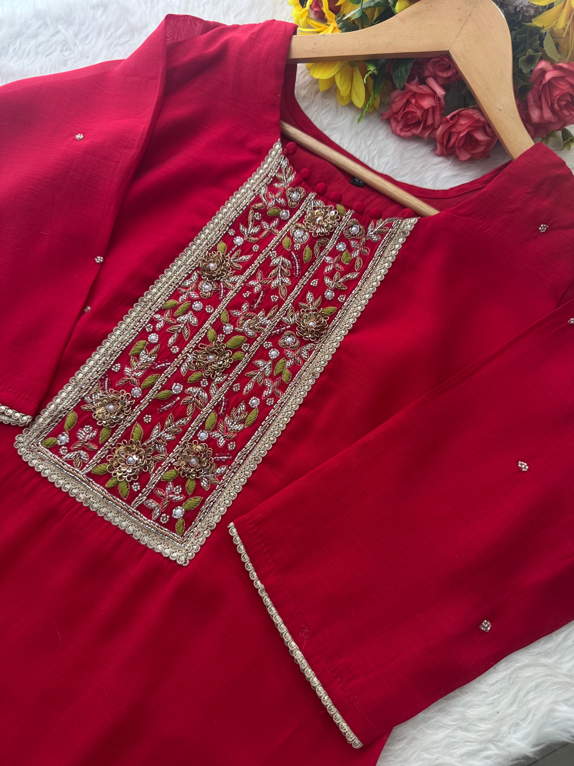 Red Embroidered Ethnic Kurta Set for Women with Pants & Dupatta - Prisachi Official