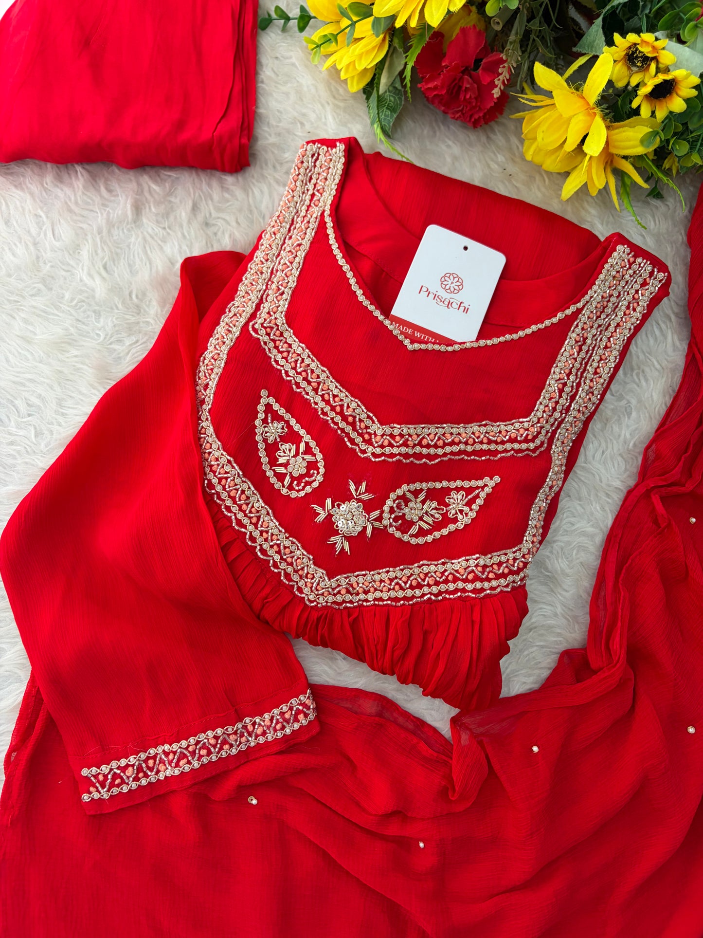 Red Zardozi Embroidered Ethnic A-Line kurta set with dupatta and Pants | Traditional Festive Suit