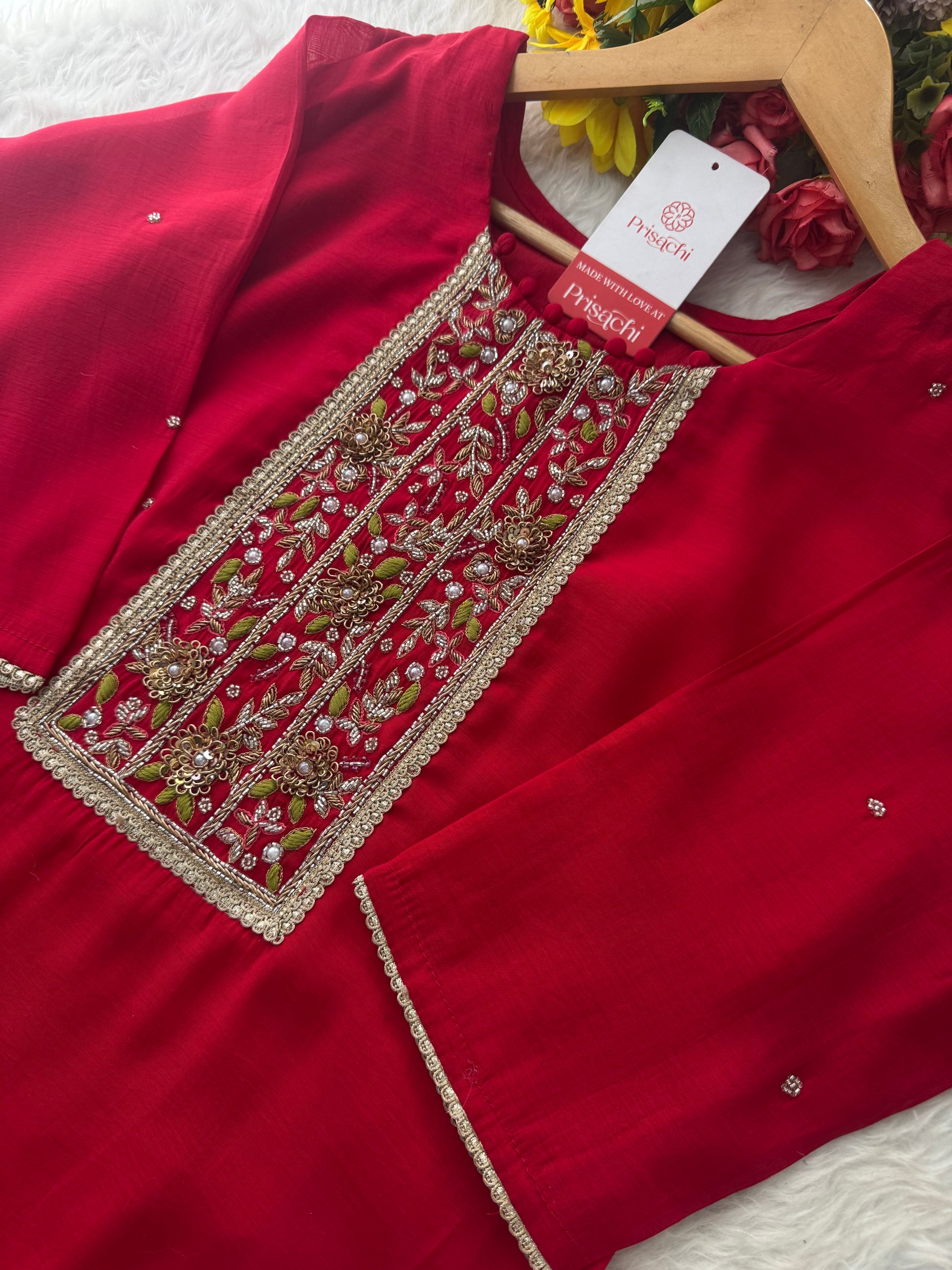Red Embroidered Ethnic Kurta Set for Women with Pants & Dupatta - Prisachi Official