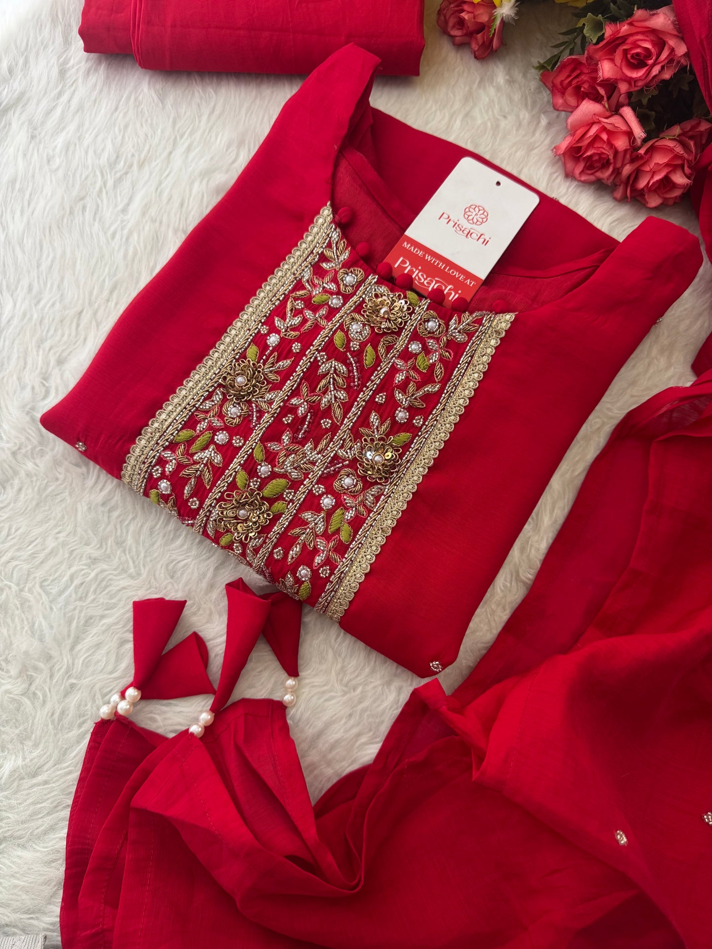 Red Embroidered Ethnic Kurta Set for Women with Pants & Dupatta - Prisachi Official