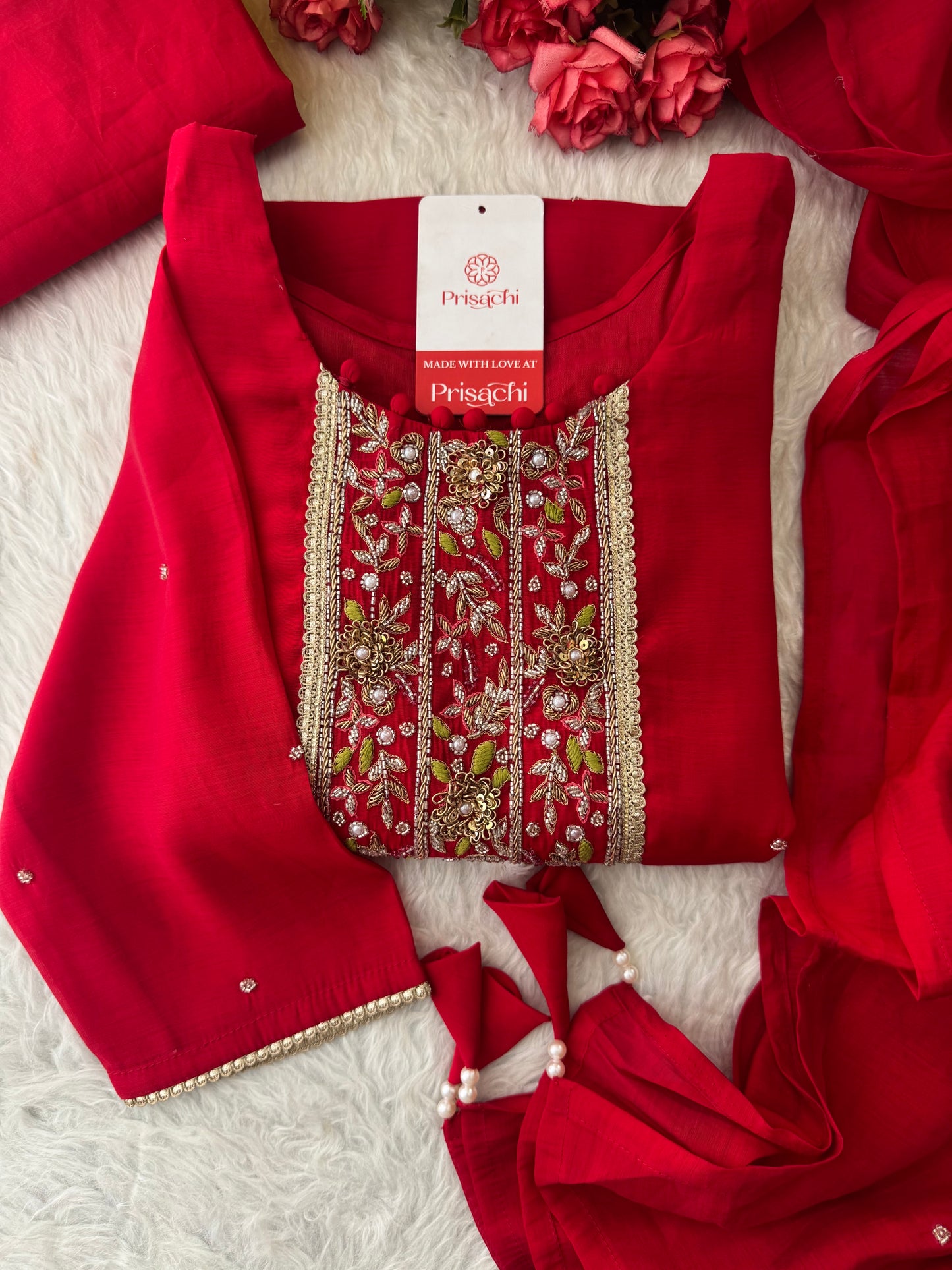 Red Embroidered Ethnic Kurta Set for Women with Pants & Dupatta - Prisachi Official