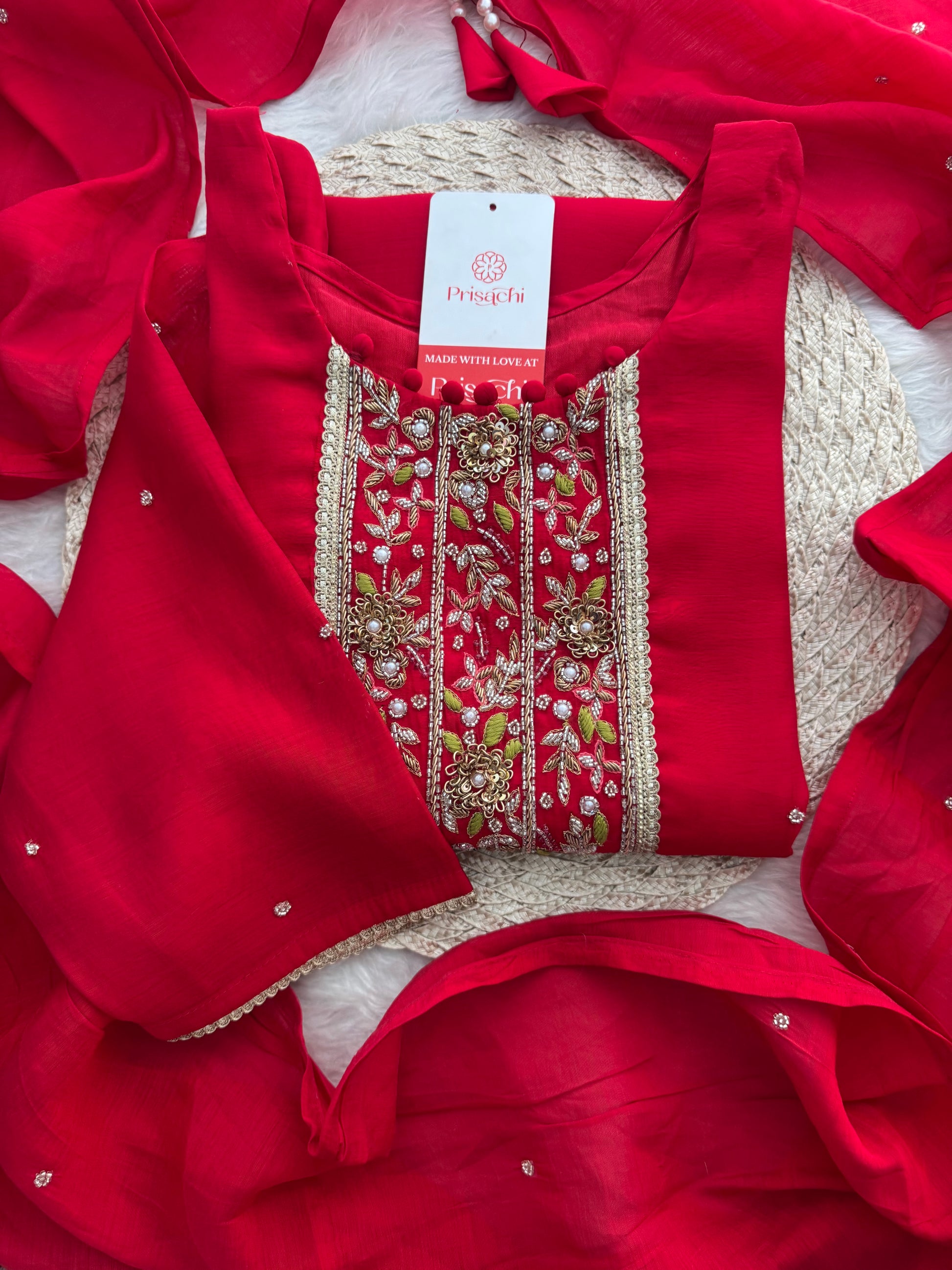 Red Embroidered Ethnic Kurta Set for Women with Pants & Dupatta - Prisachi Official