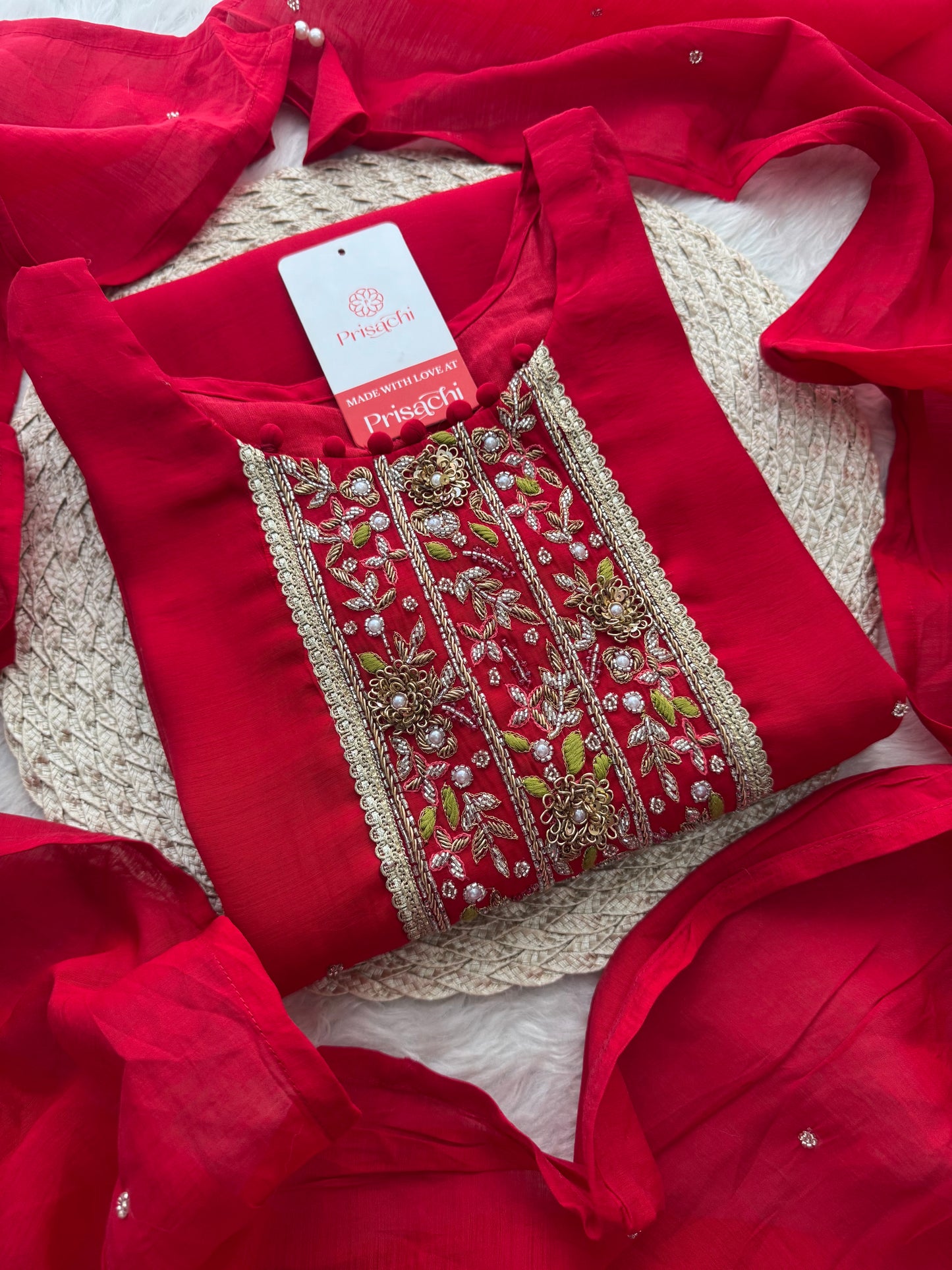 Red Embroidered Ethnic Kurta Set for Women with Pants & Dupatta - Prisachi Official
