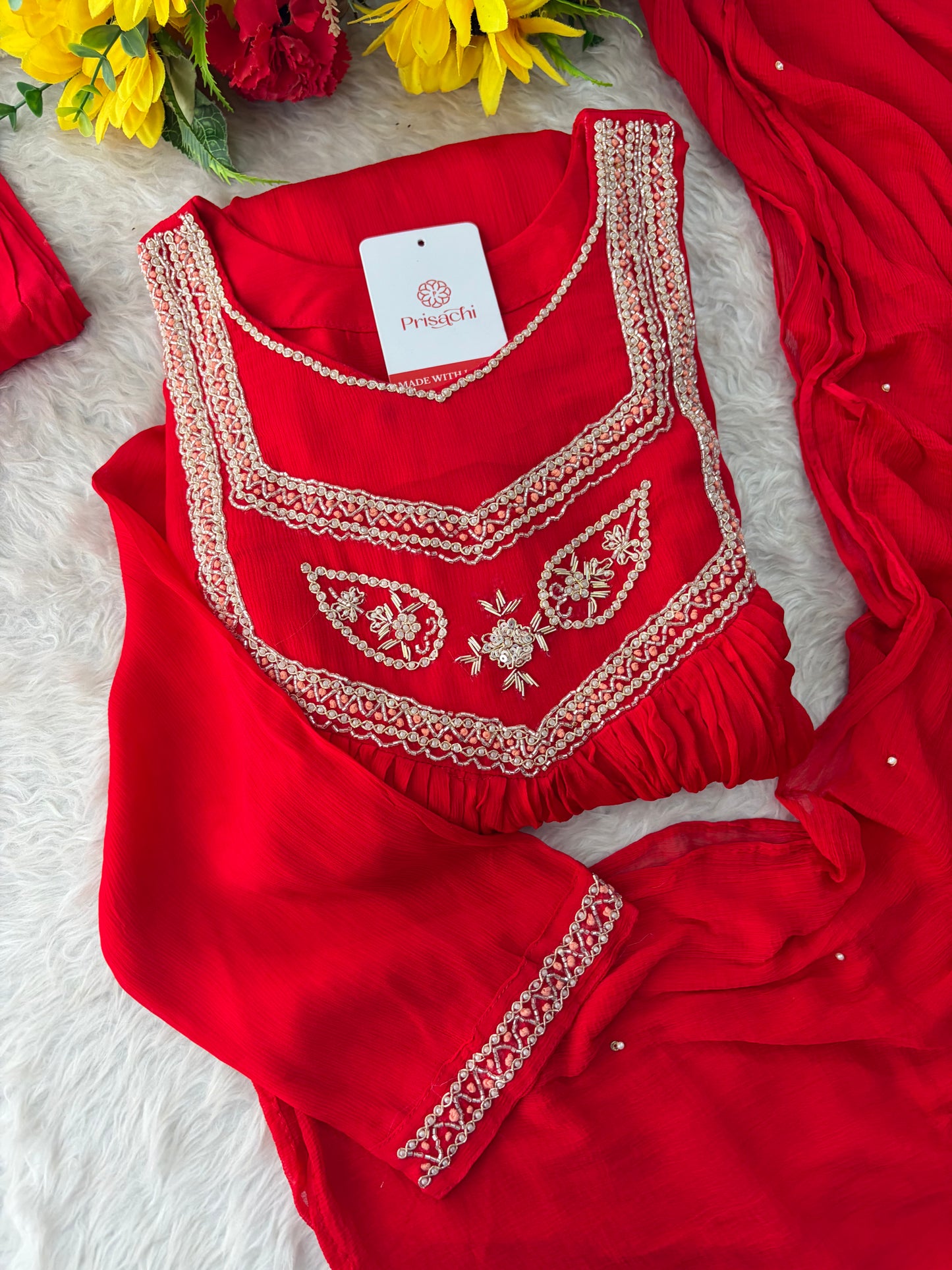 Red Zardozi Embroidered Ethnic A-Line kurta set with dupatta and Pants | Traditional Festive Suit
