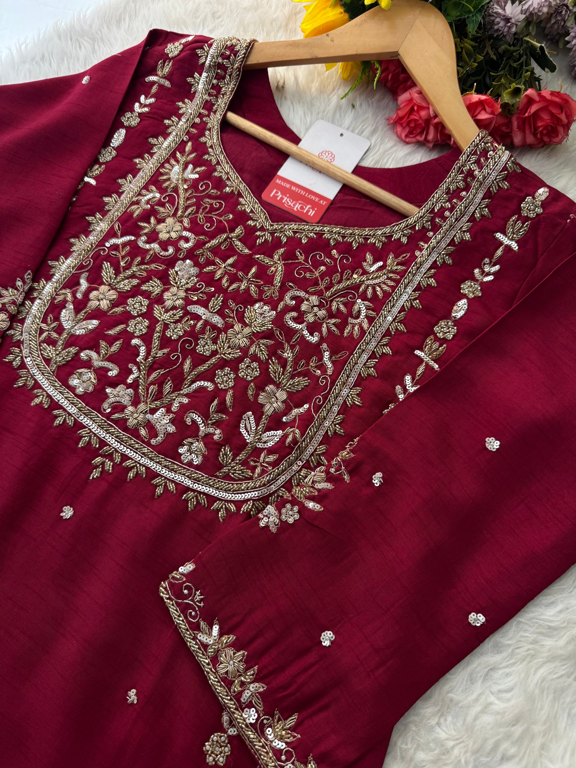 Wine Hand Embroidered Designer Ethnic Kurta Set with Pants & Dupatta - Prisachi Official