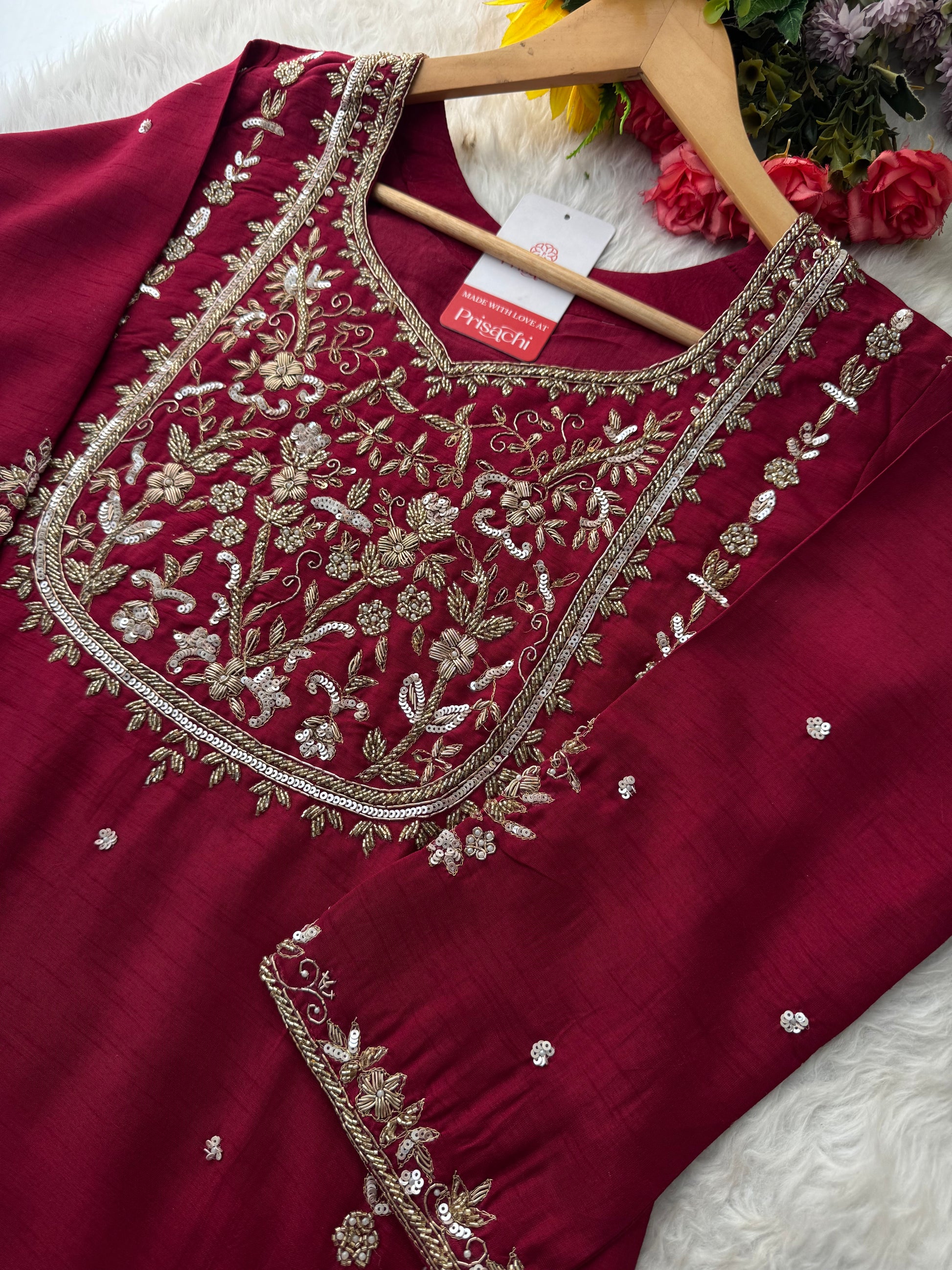Wine Hand Embroidered Designer Ethnic Kurta Set with Pants & Dupatta - Prisachi Official