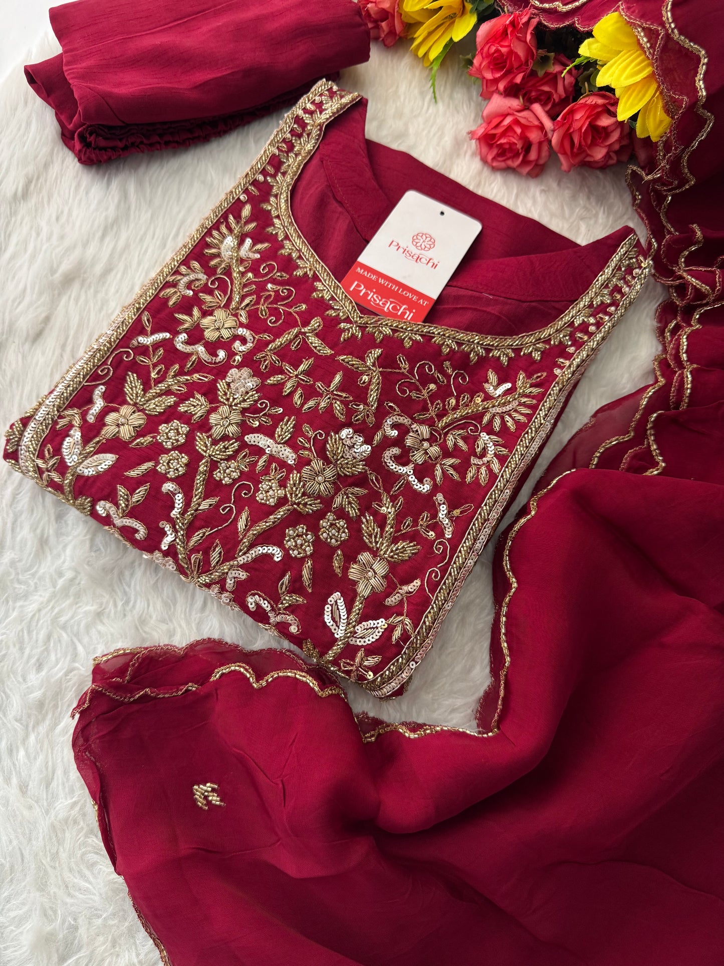 Wine Hand Embroidered Designer Ethnic Kurta Set with Pants & Dupatta - Prisachi Official