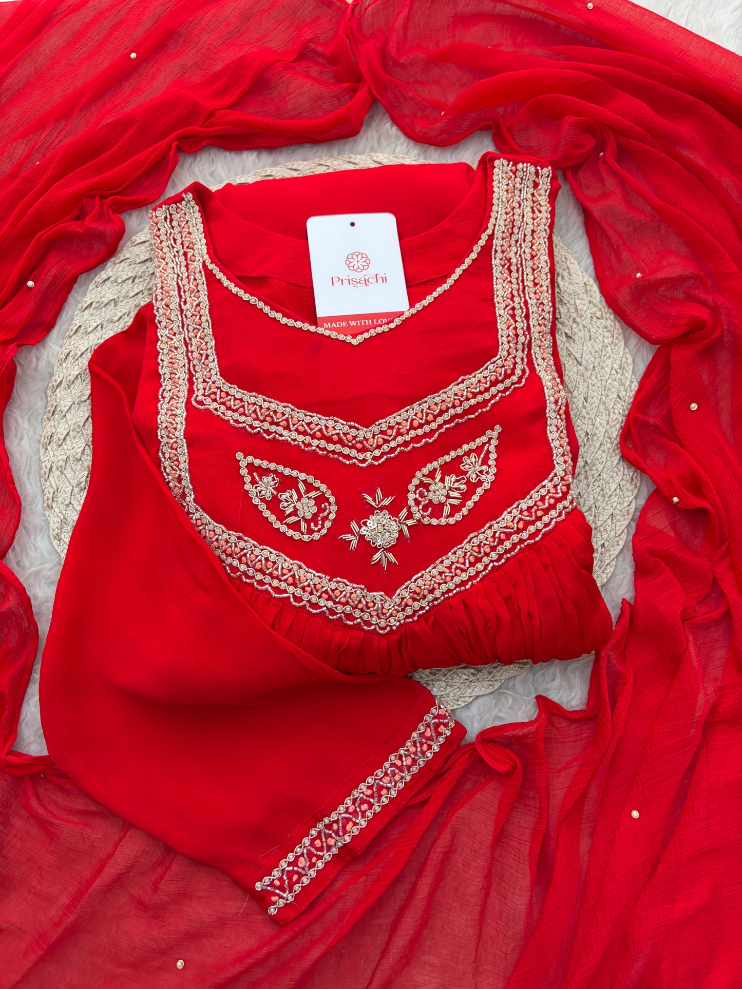 Red Zardozi Embroidered Ethnic A-Line kurta set with dupatta and Pants | Traditional Festive Suit