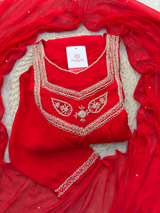 Red Zardozi Embroidered Ethnic A-Line kurta set with dupatta and Pants | Traditional Festive Suit