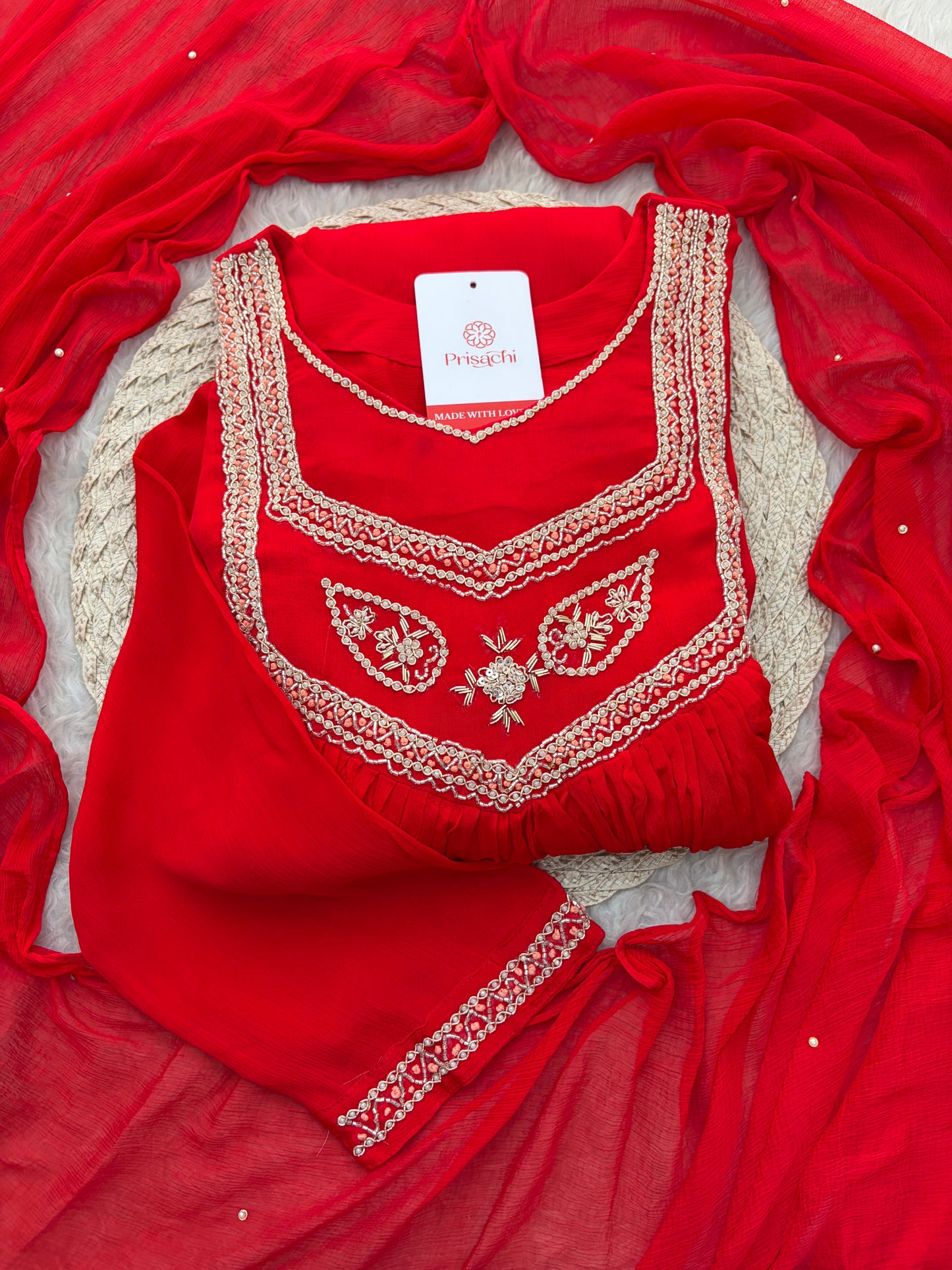 Red Zardozi Embroidered Ethnic A-Line kurta set with dupatta and Pants | Traditional Festive Suit