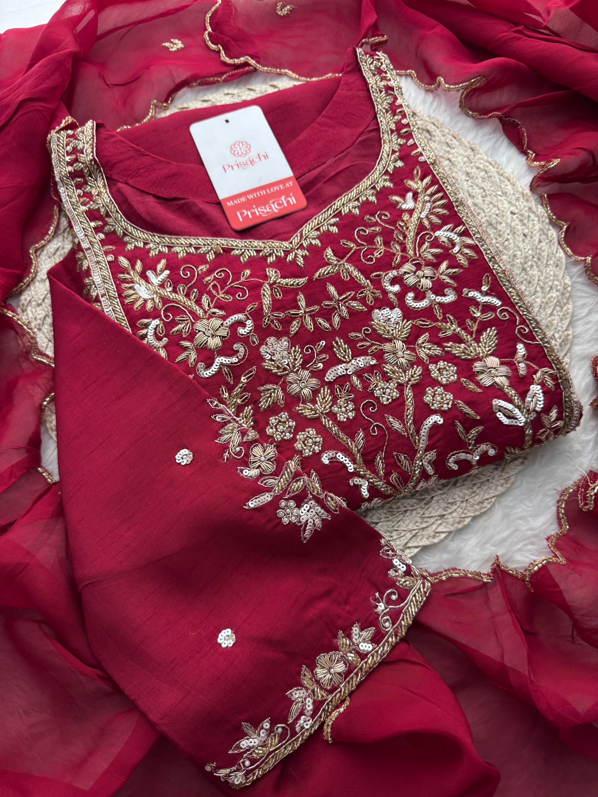 Wine Hand Embroidered Designer Ethnic Kurta Set with Pants & Dupatta - Prisachi Official