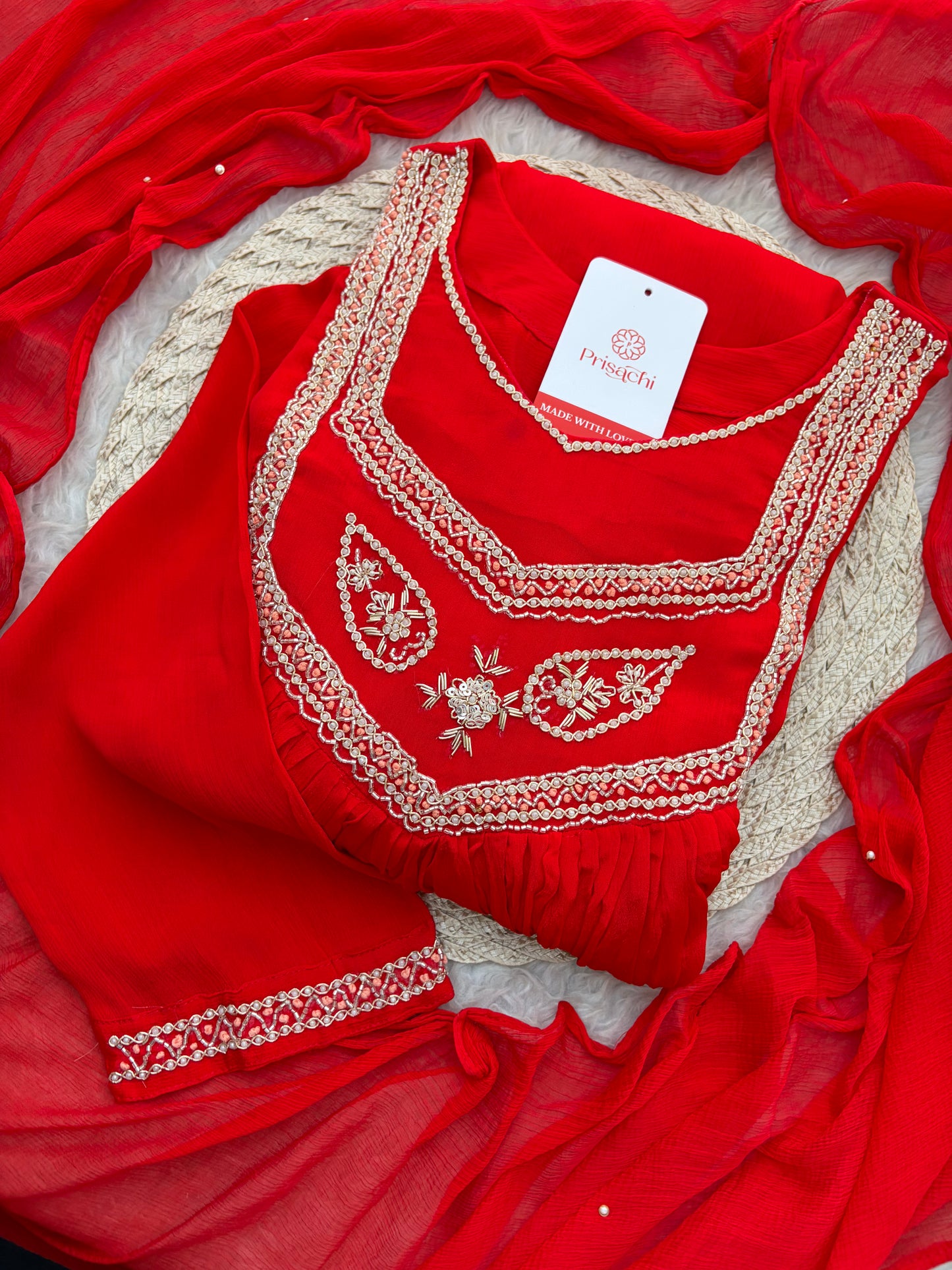 Red Zardozi Embroidered Ethnic A-Line kurta set with dupatta and Pants | Traditional Festive Suit