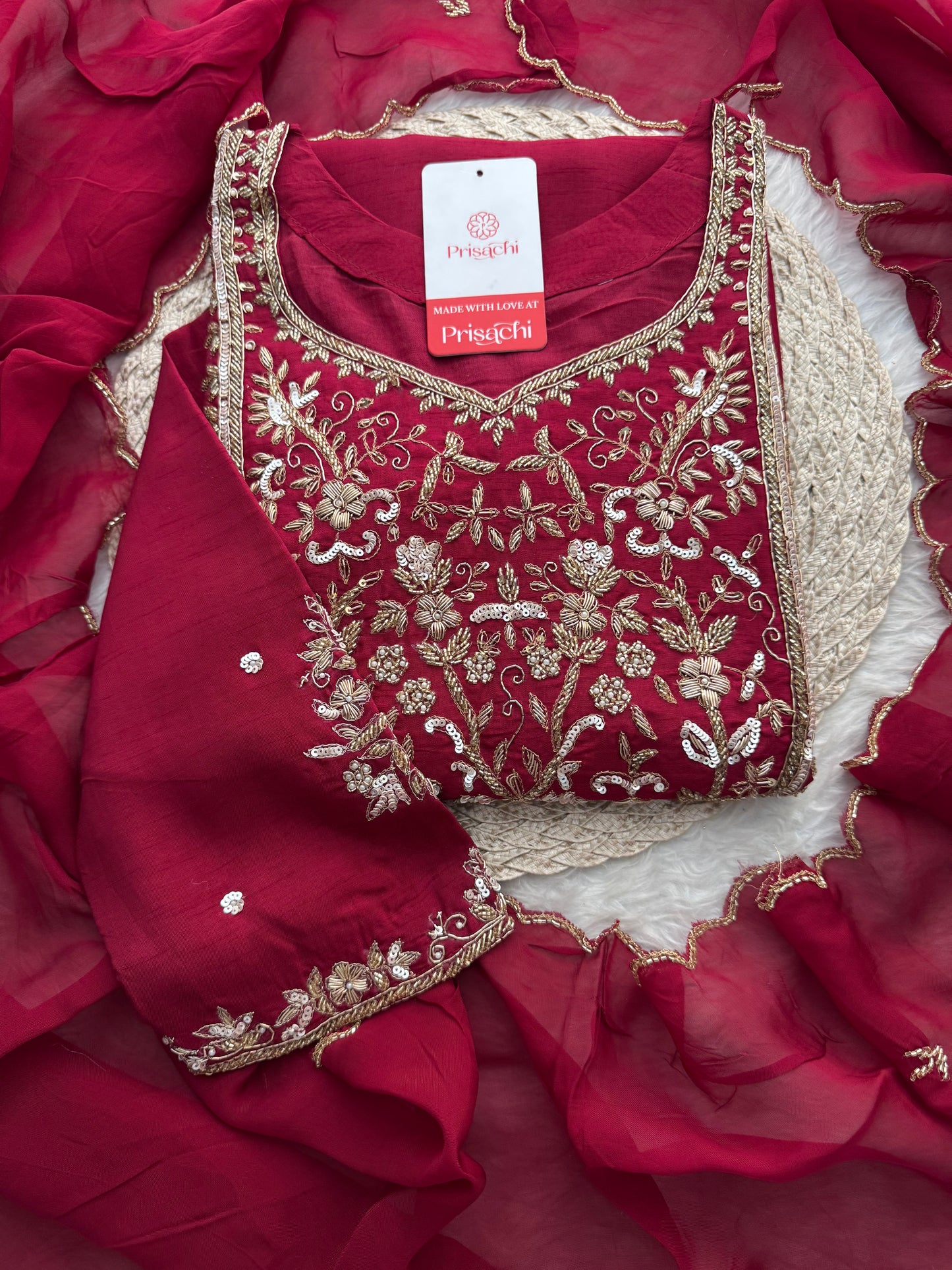 Wine Hand Embroidered Designer Ethnic Kurta Set with Pants & Dupatta - Prisachi Official