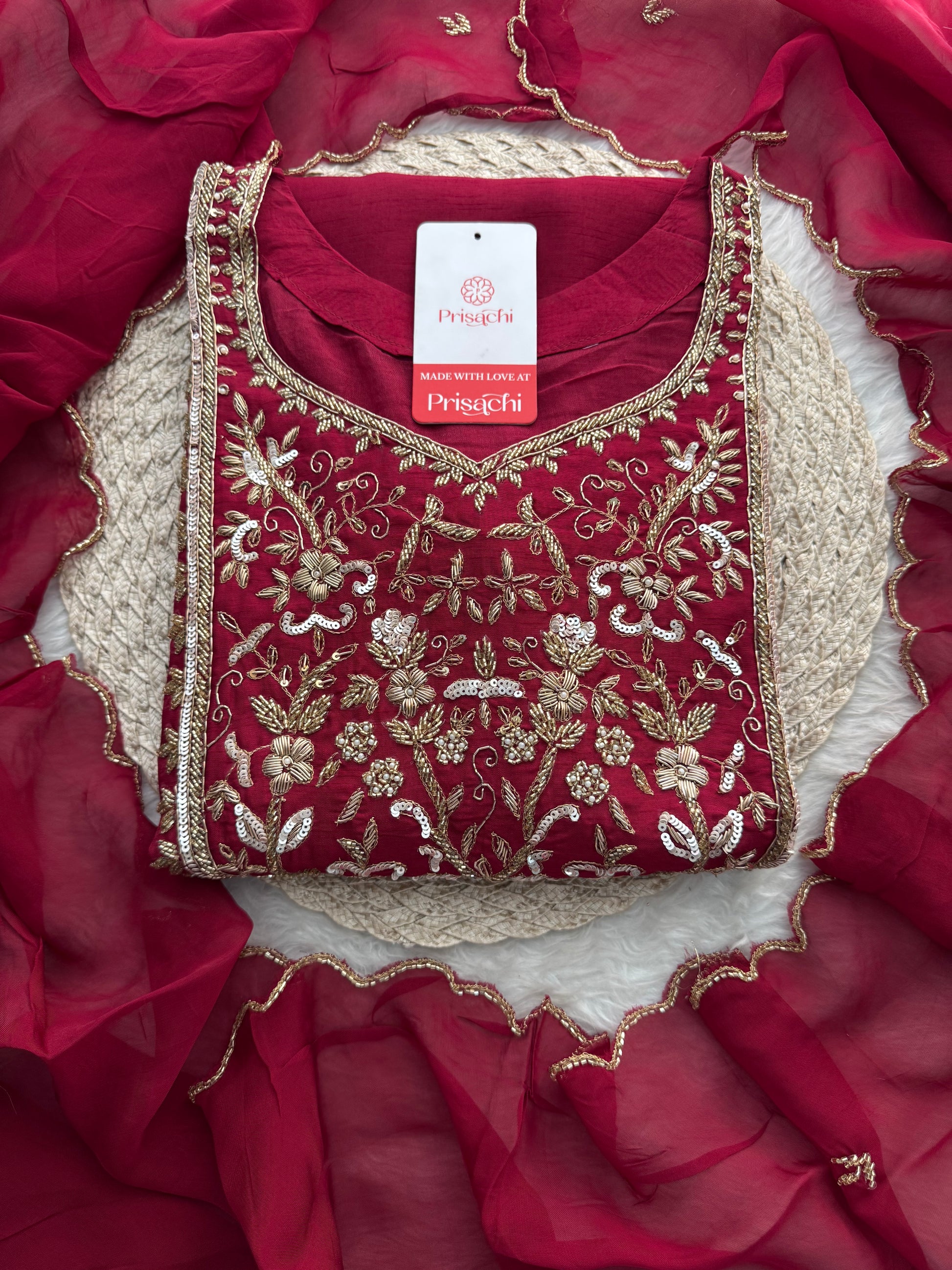 Wine Hand Embroidered Designer Ethnic Kurta Set with Pants & Dupatta - Prisachi Official