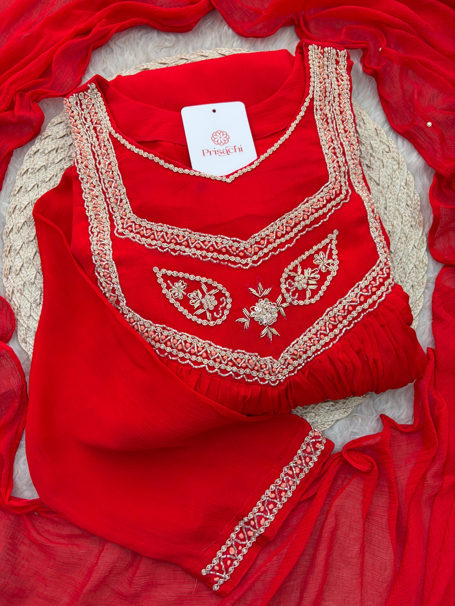 Red Zardozi Embroidered Ethnic A-Line kurta set with dupatta and Pants | Traditional Festive Suit