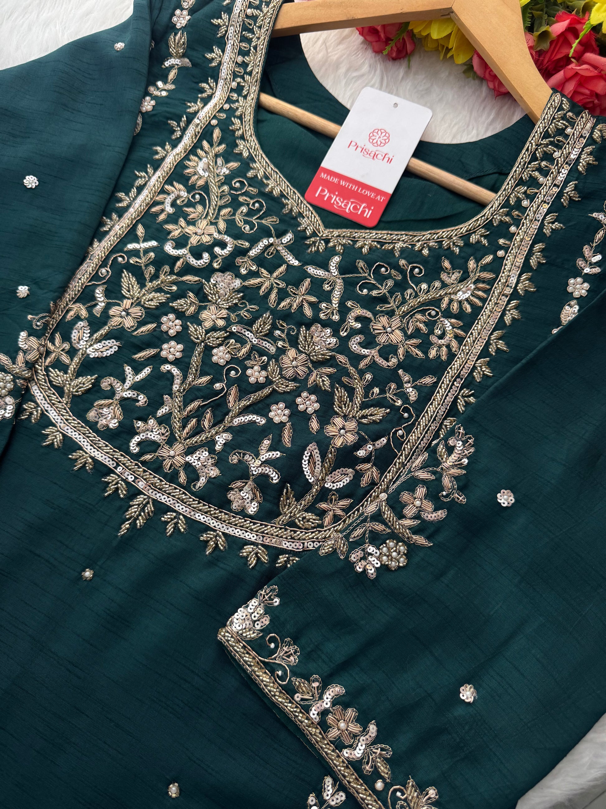Green Hand Embroidered Designer Ethnic Kurta Set with Pants & Dupatta - Prisachi Official