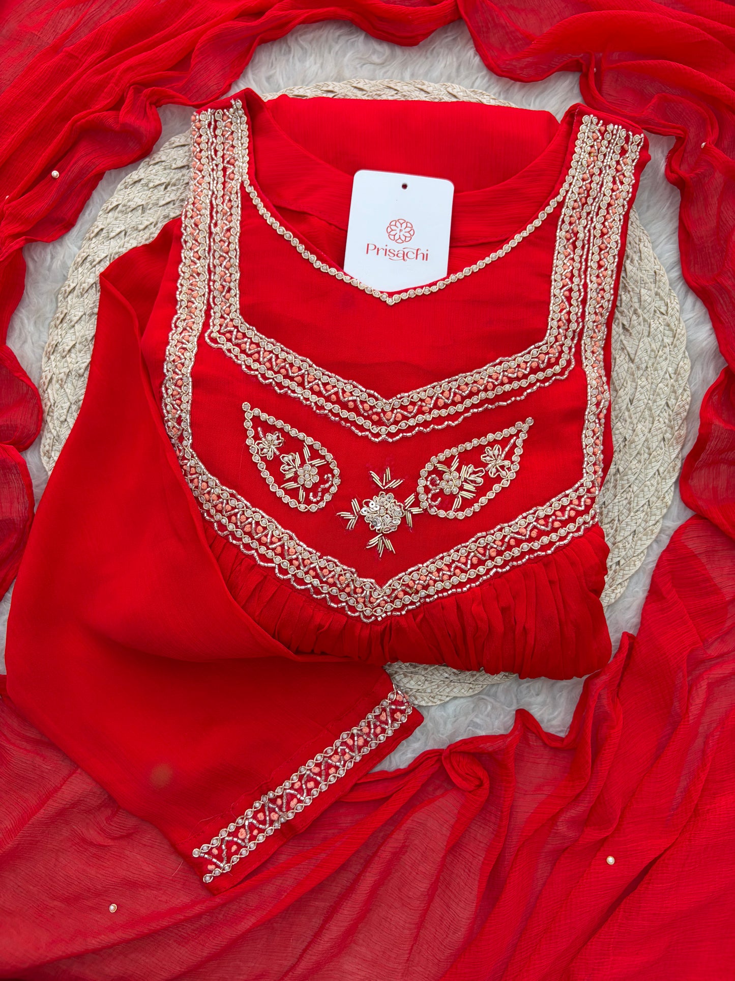 Red Zardozi Embroidered Ethnic A-Line kurta set with dupatta and Pants | Traditional Festive Suit