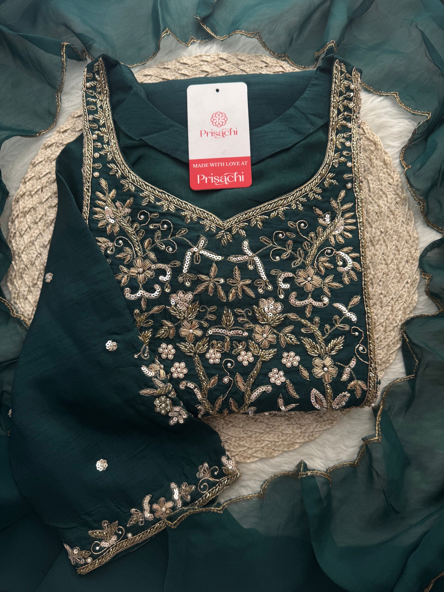 Green Hand Embroidered Designer Ethnic Kurta Set with Pants & Dupatta - Prisachi Official