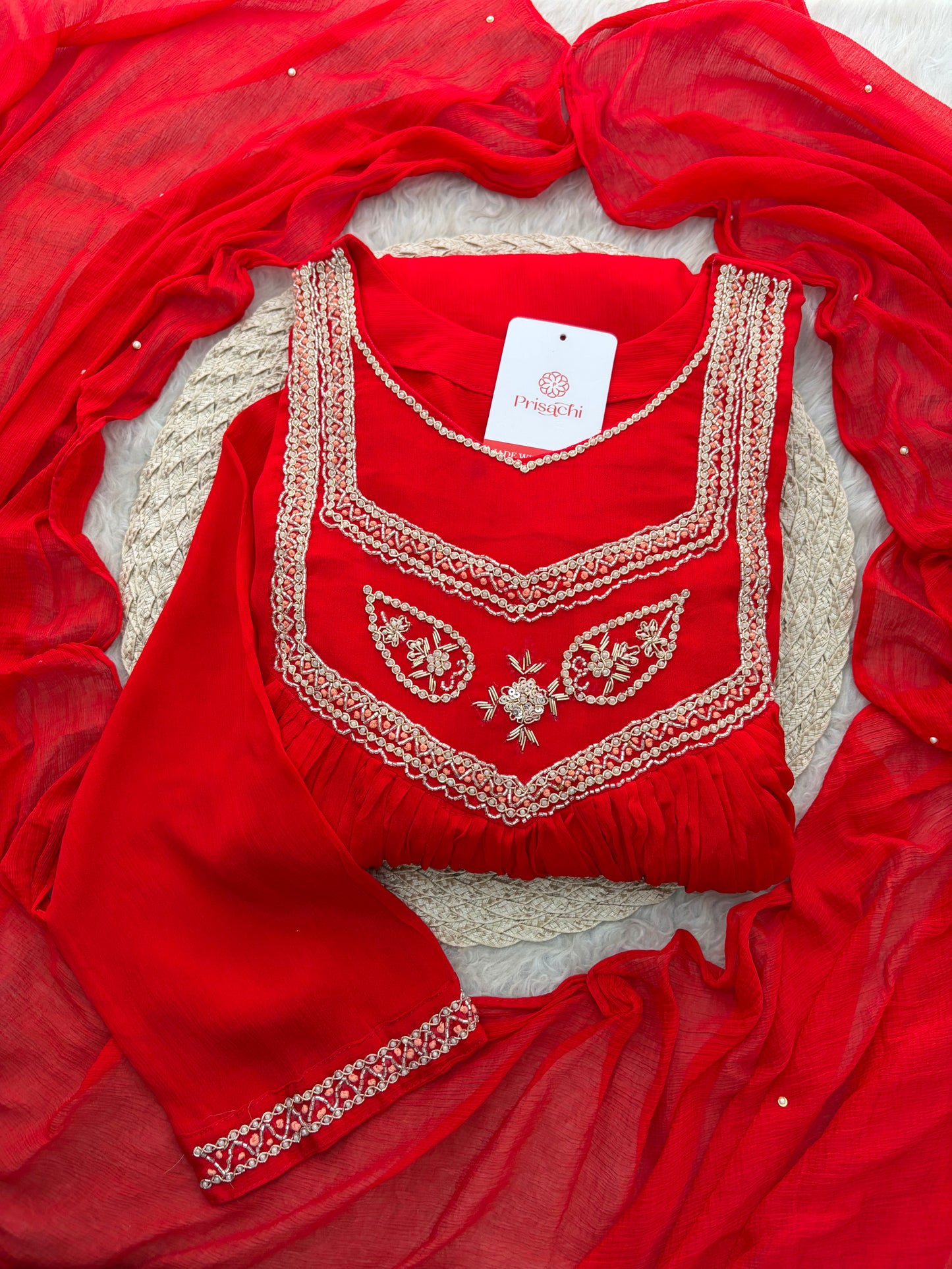 Red Zardozi Embroidered Ethnic A-Line kurta set with dupatta and Pants | Traditional Festive Suit