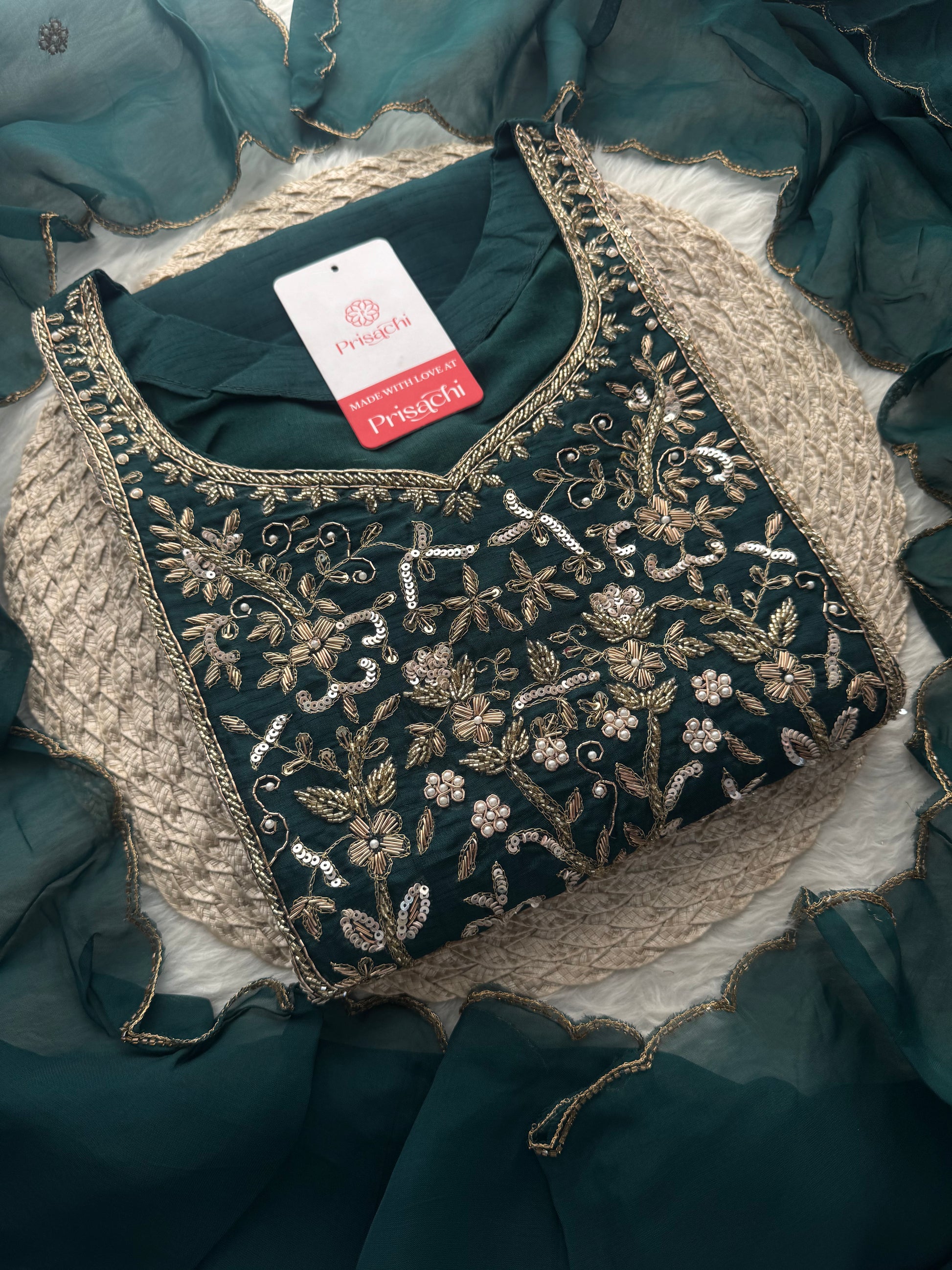 Green Hand Embroidered Designer Ethnic Kurta Set with Pants & Dupatta - Prisachi Official