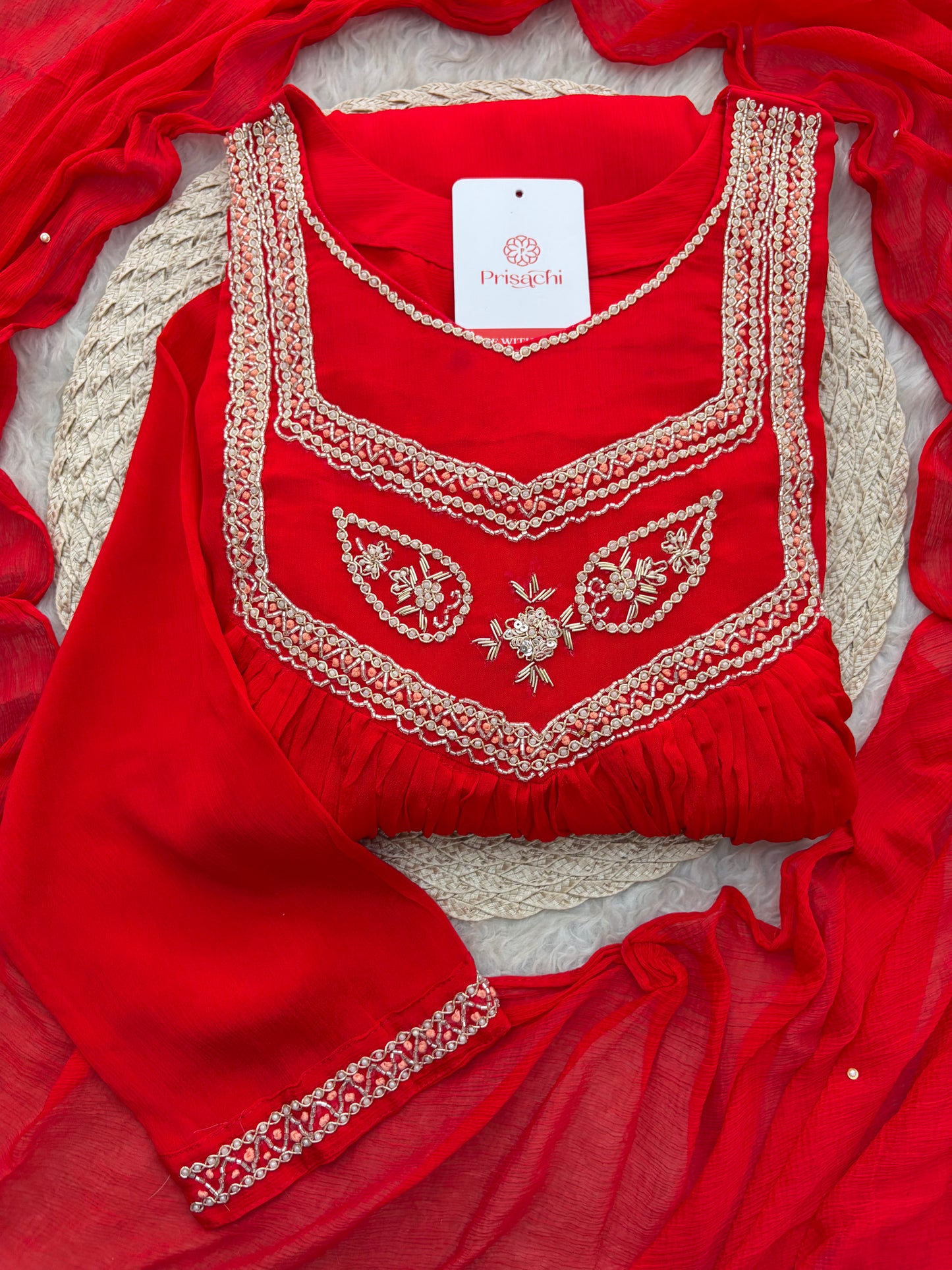 Red Zardozi Embroidered Ethnic A-Line kurta set with dupatta and Pants | Traditional Festive Suit
