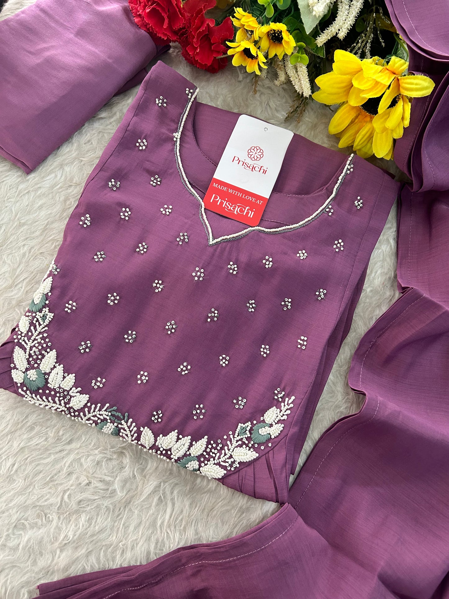 Purple Embroidered A-Line Ethnic Kurta Set with Dupatta & Pants