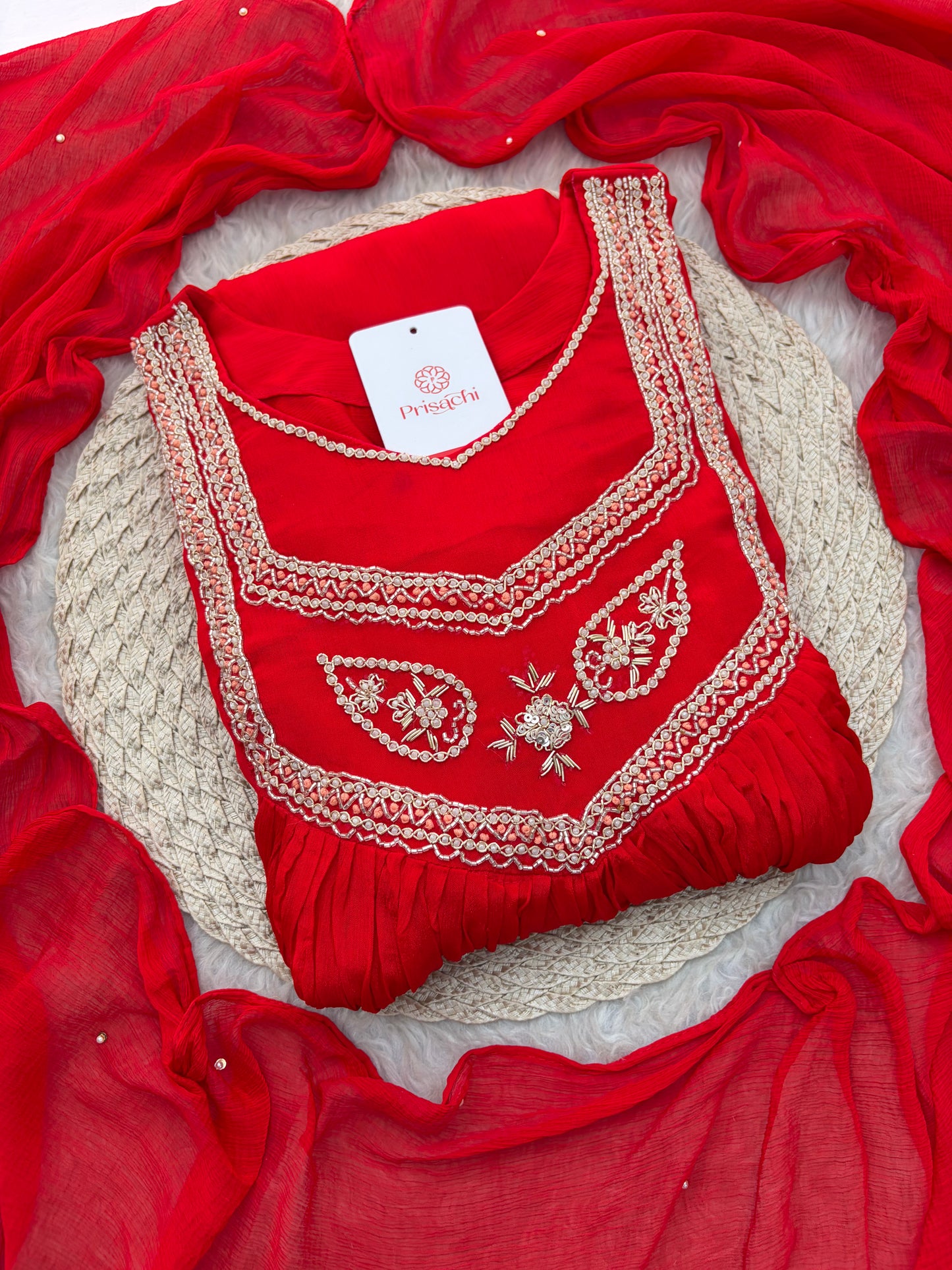 Red Zardozi Embroidered Ethnic A-Line kurta set with dupatta and Pants | Traditional Festive Suit