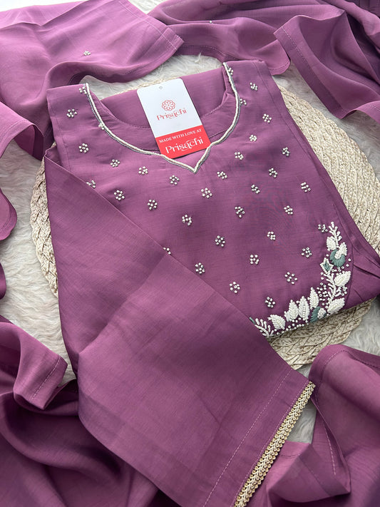 Purple Embroidered A-Line Ethnic Kurta Set with Dupatta & Pants