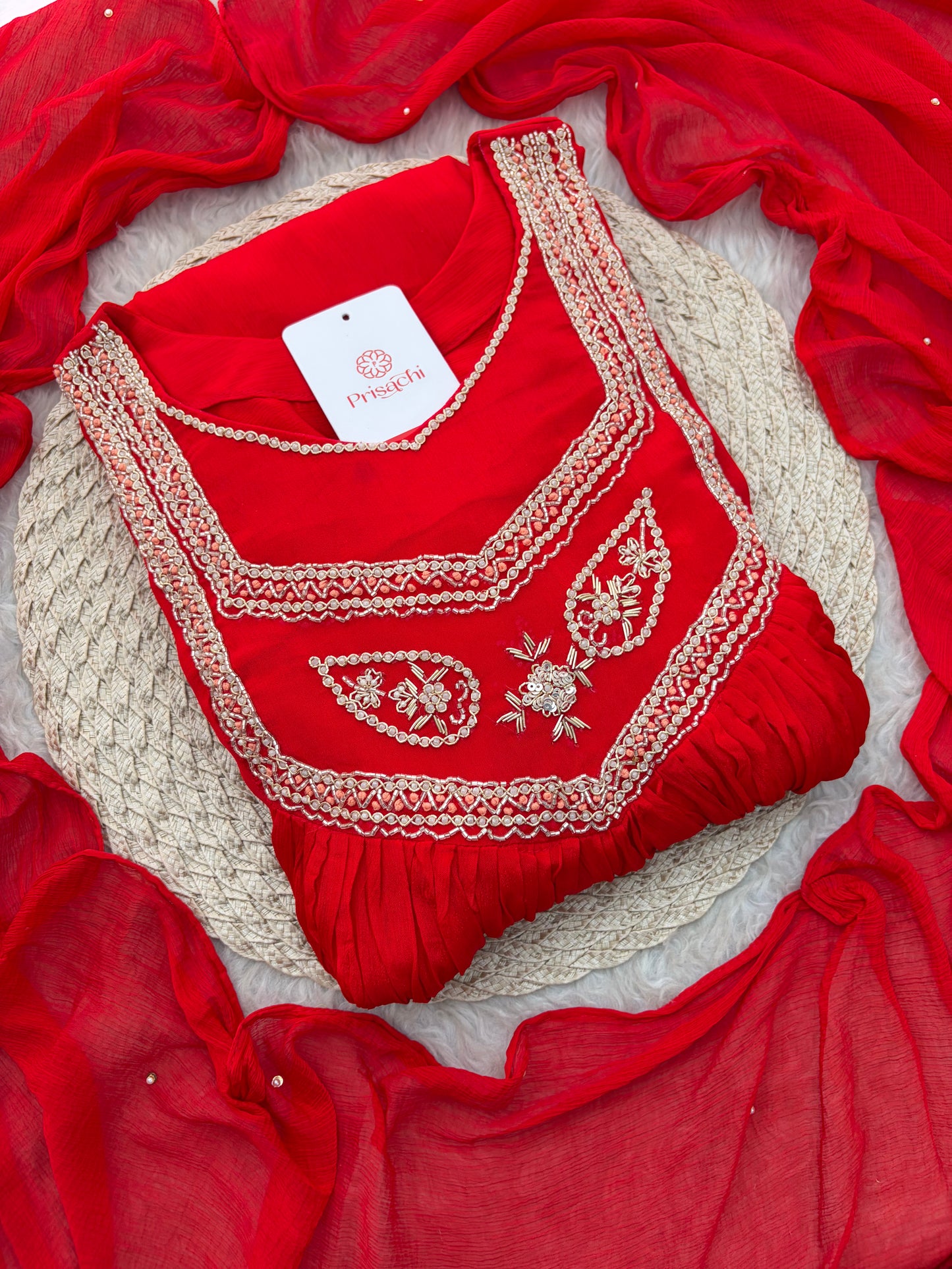 Red Zardozi Embroidered Ethnic A-Line kurta set with dupatta and Pants | Traditional Festive Suit
