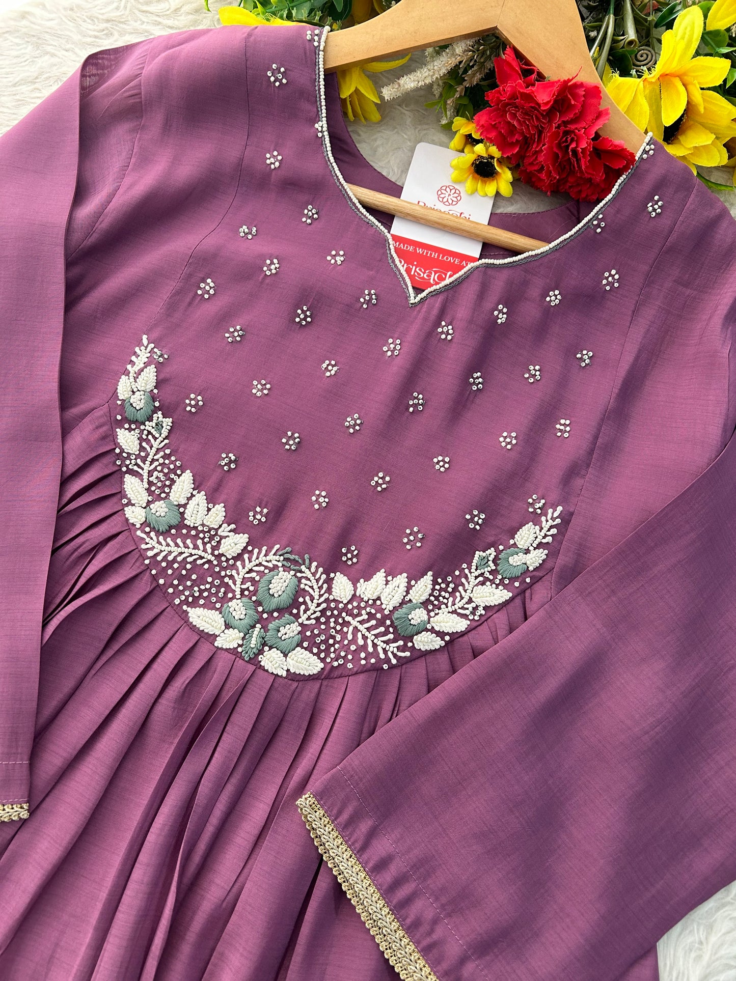 Purple Embroidered A-Line Ethnic Kurta Set with Dupatta & Pants