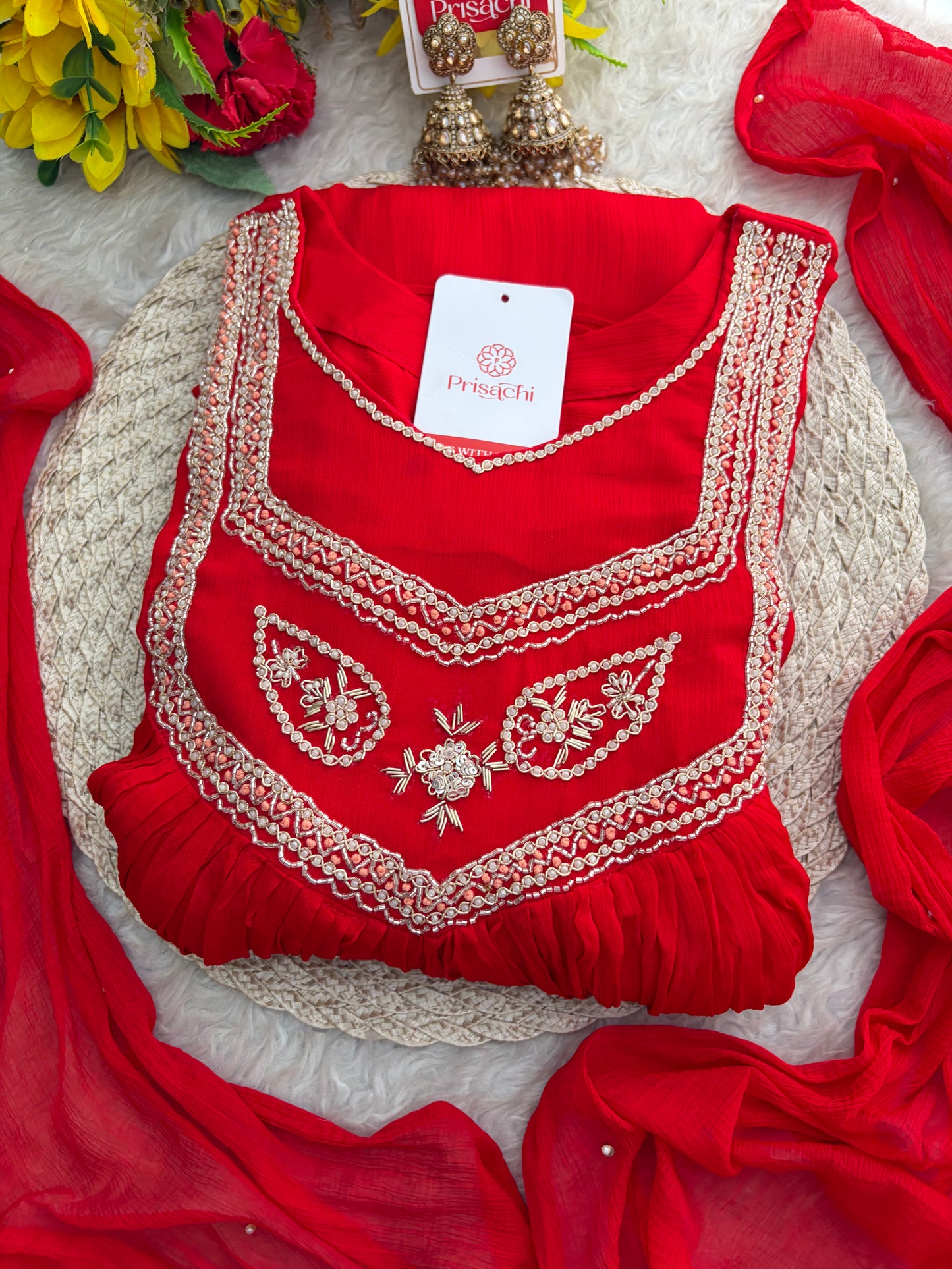 Red Zardozi Embroidered Ethnic A-Line kurta set with dupatta and Pants | Traditional Festive Suit
