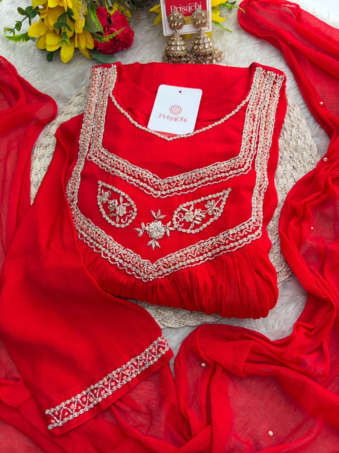 Red Zardozi Embroidered Ethnic A-Line kurta set with dupatta and Pants | Traditional Festive Suit