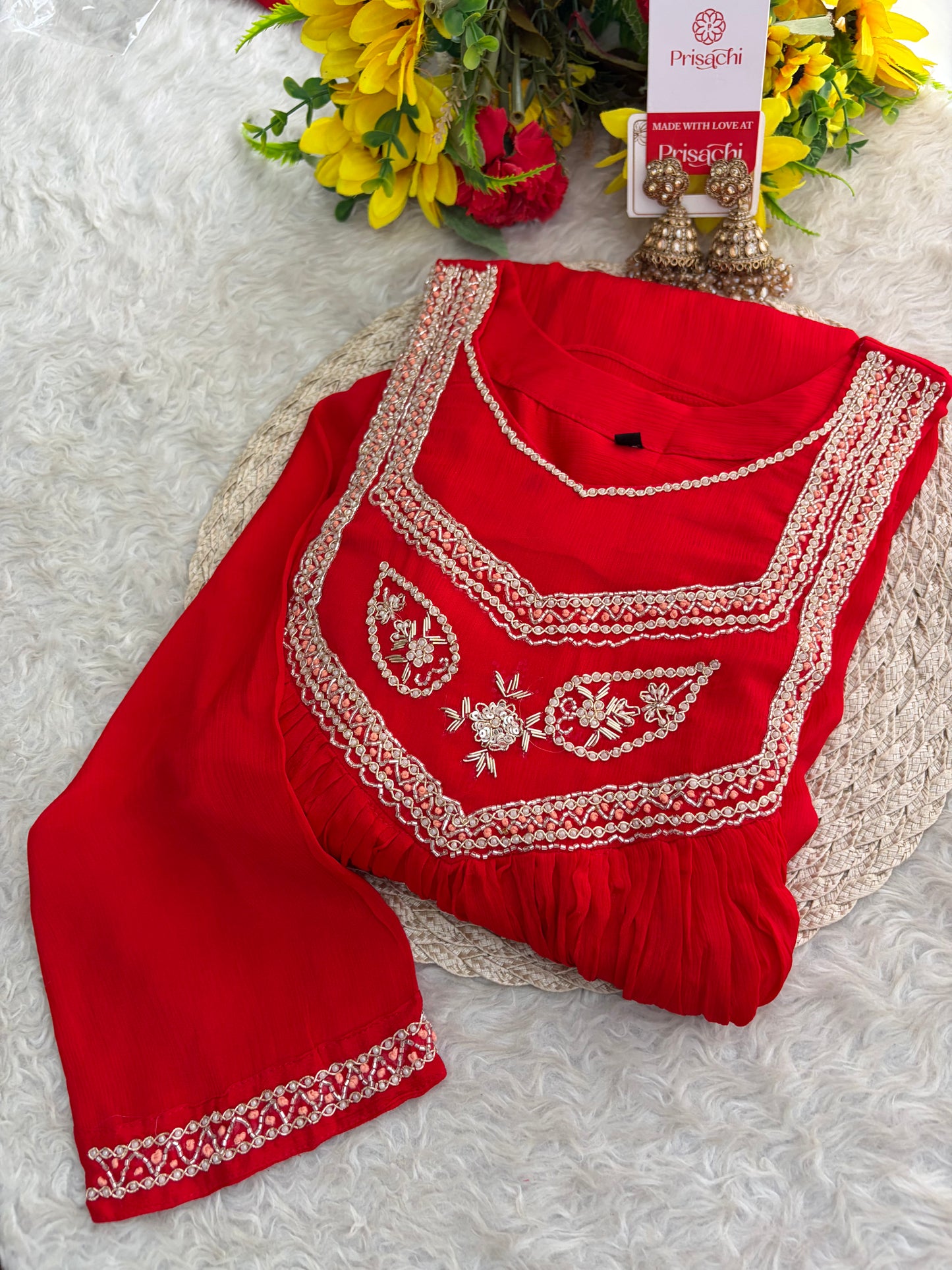 Red Zardozi Embroidered Ethnic A-Line kurta set with dupatta and Pants | Traditional Festive Suit